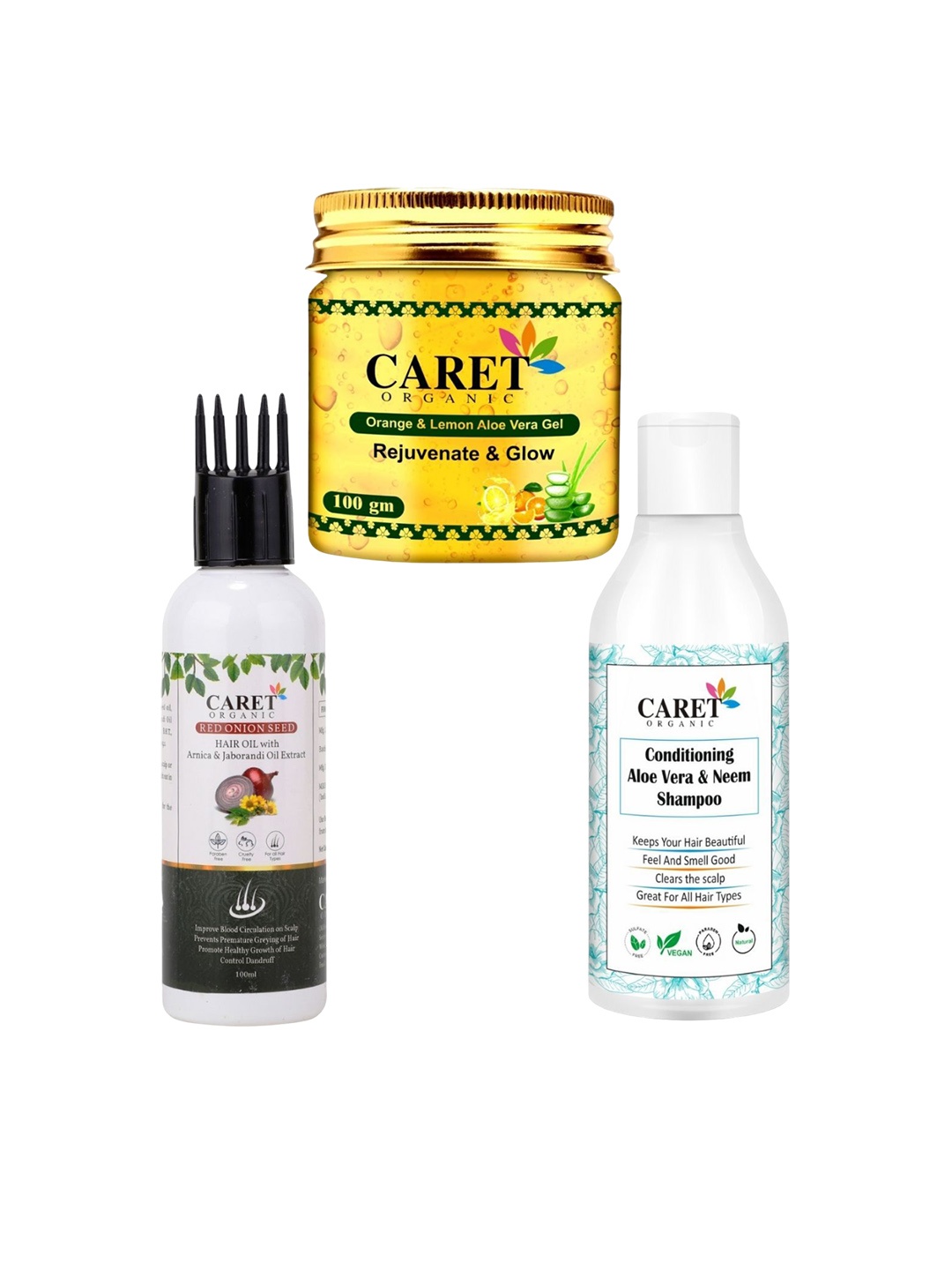 

CARET ORGANIC Set of 3 Red Onion Seed Hair Oil, Aloevera Neem Shampoo With Aloevera Gel, White