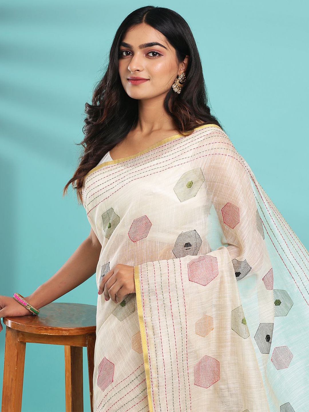 

Kalyan Silks Woven Design Embroidered Bagru Saree, Cream