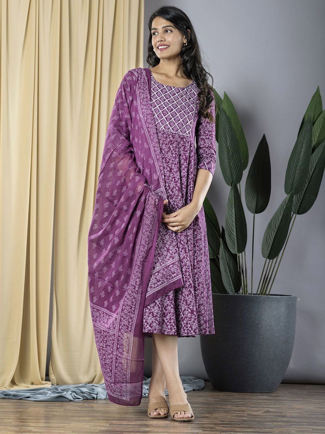 

KALINI Women Floral Printed Pure Cotton Formal Fit & Flare Ethnic Dress with Dupatta, Purple