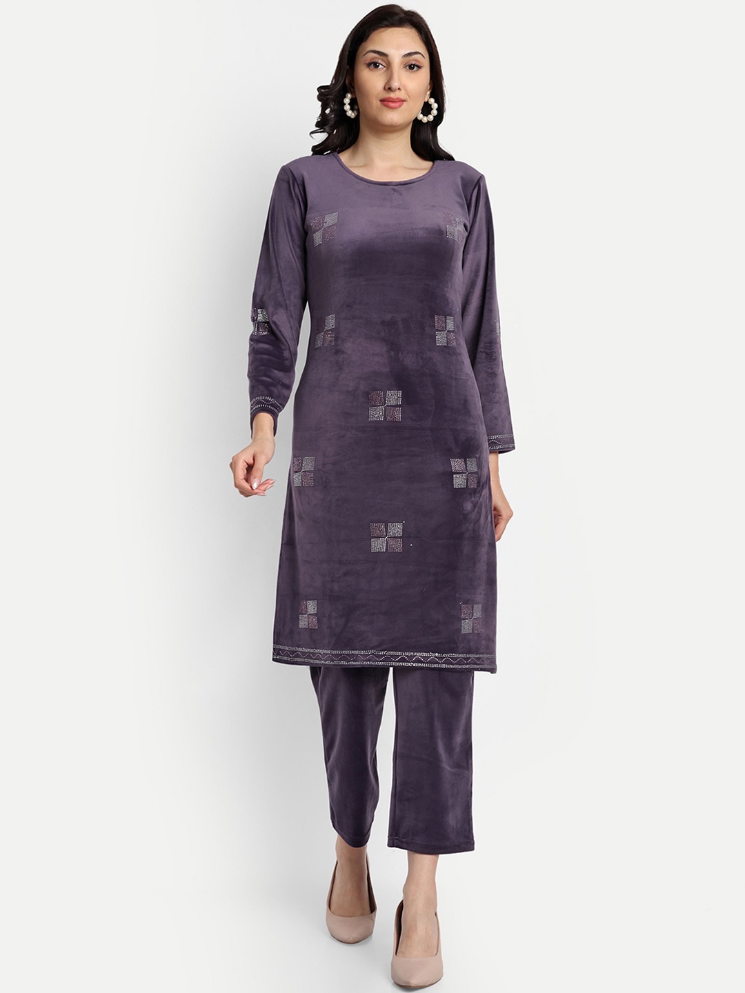 

FNOCKS Self Design Sequinned Straight Kurta With Trousers, Lavender