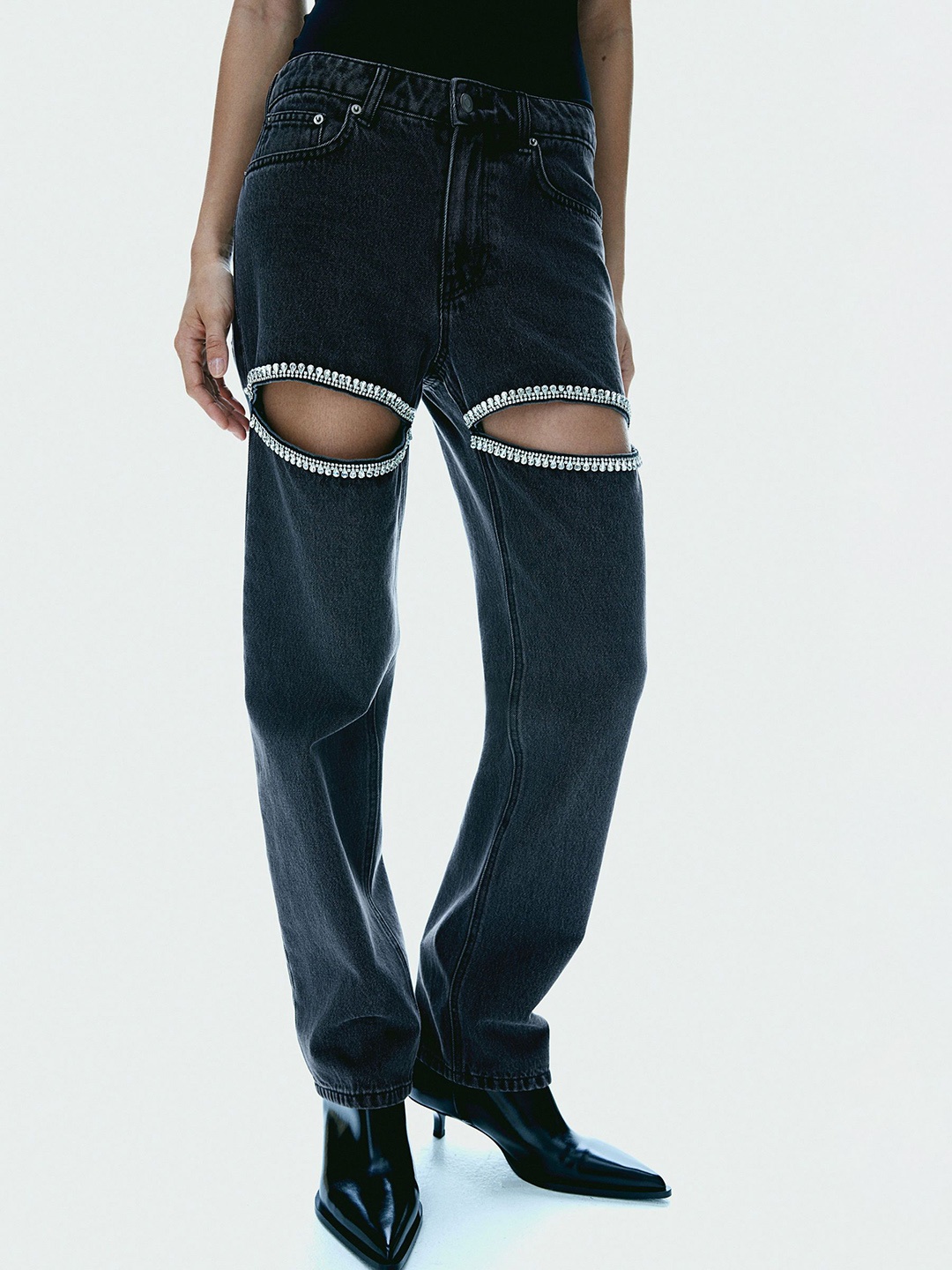 

H&M Wide Pure Cotton Embellished Jeans, Black