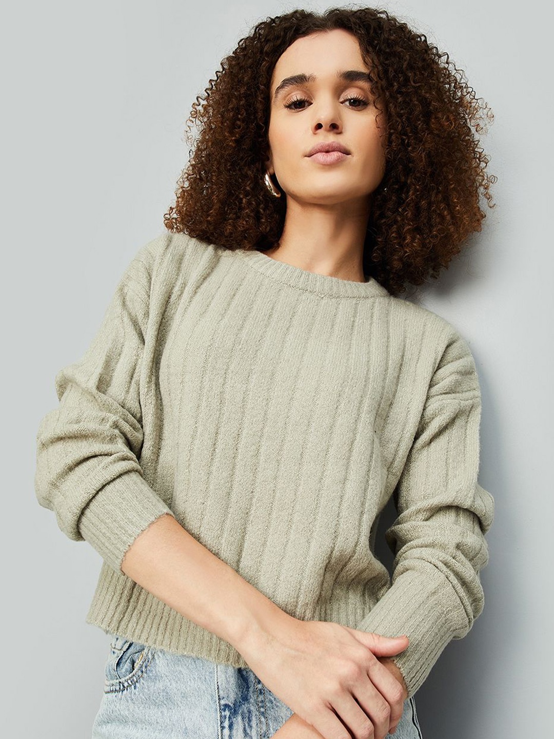

max Women Round Neck Self Design Long Sleeves Casual Cardigan, Green