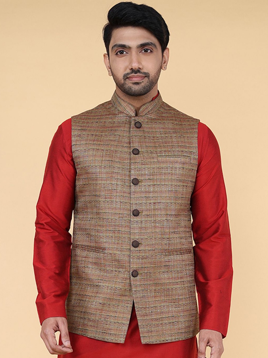 

ZOIS Men Woven Design Nehru Jackets, Brown
