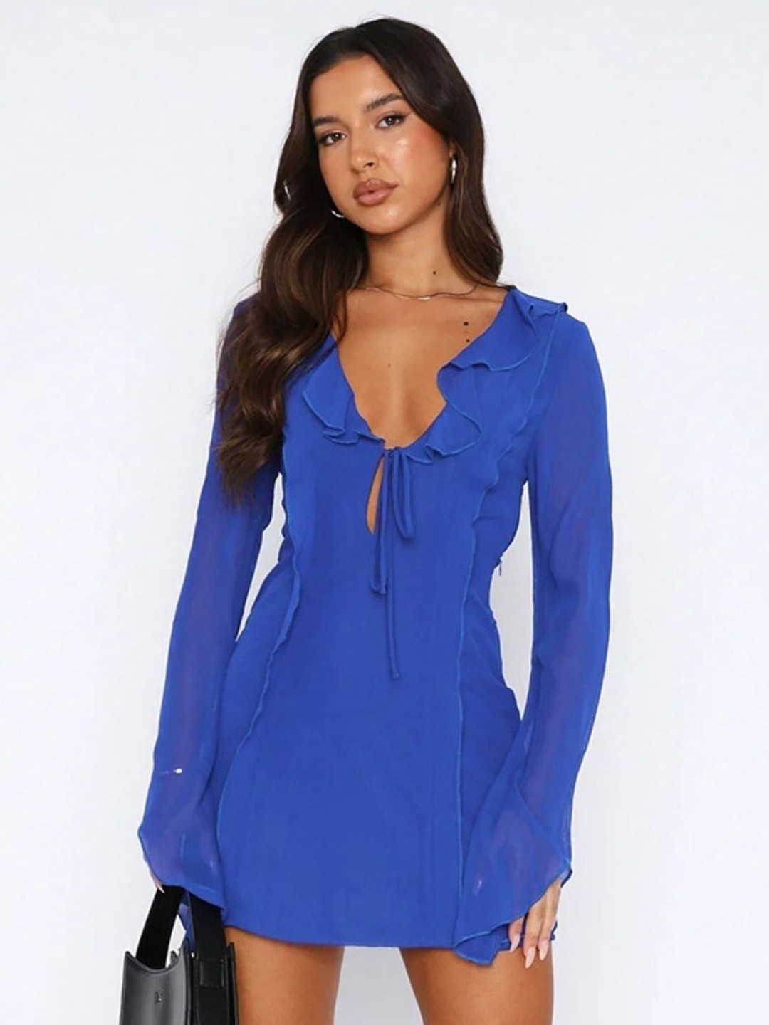 

KPOP Women Tie-Up Neck Sheath Dress, Navy blue