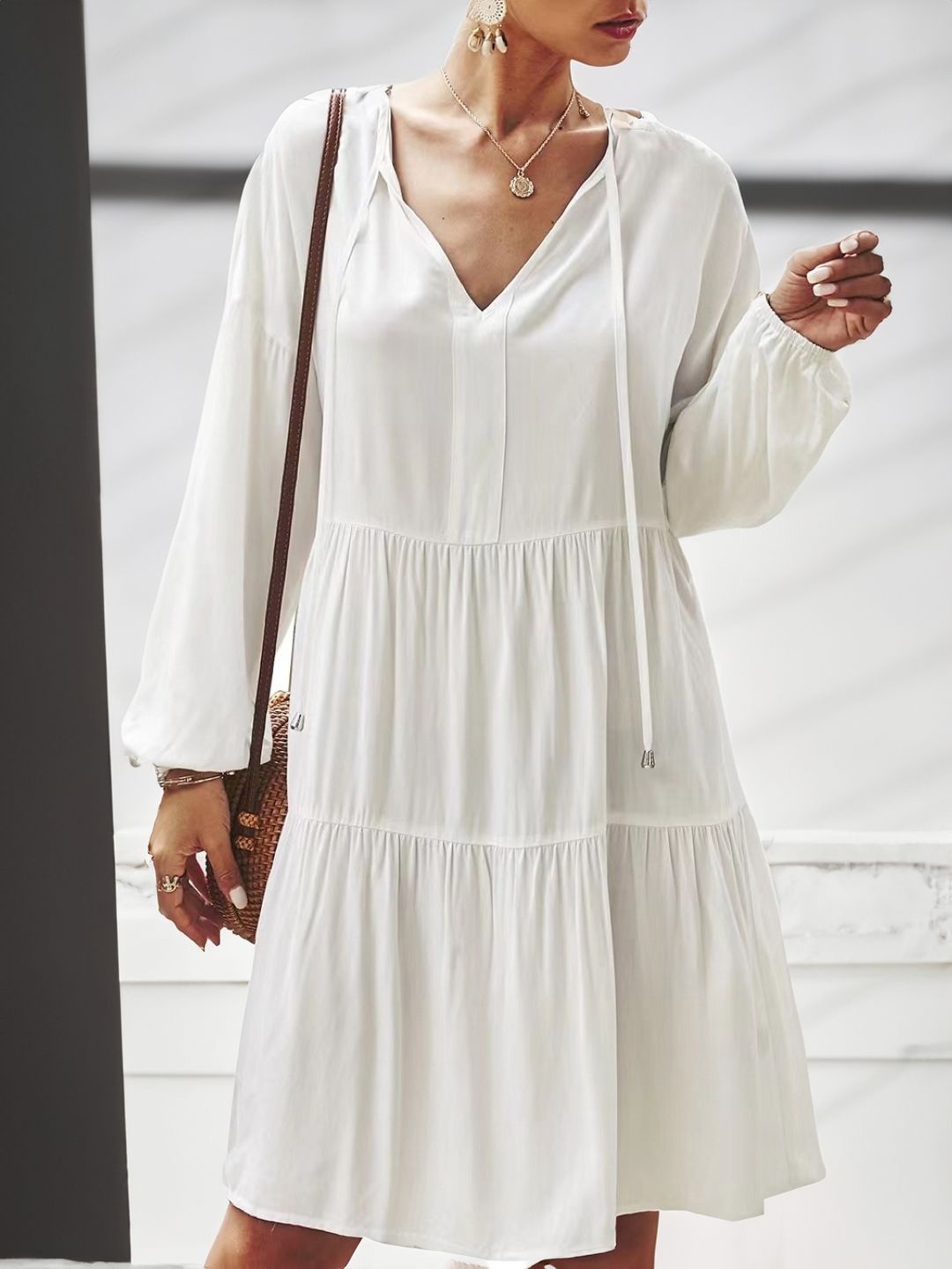 

StyleCast Women Tie-Up Neck Puff Sleeve Fit - Flare Dress, White
