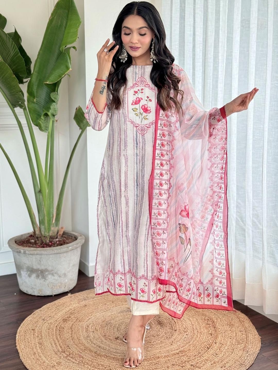 

KALINI Square Neck Striped Straight Kurta with Trouser & Dupatta, White