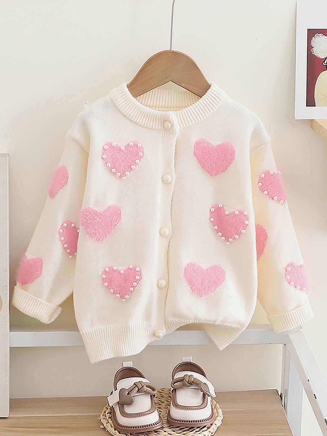 

Little Surprise Box LLP Kids Pearl Hearts Printed Cardigan, Cream