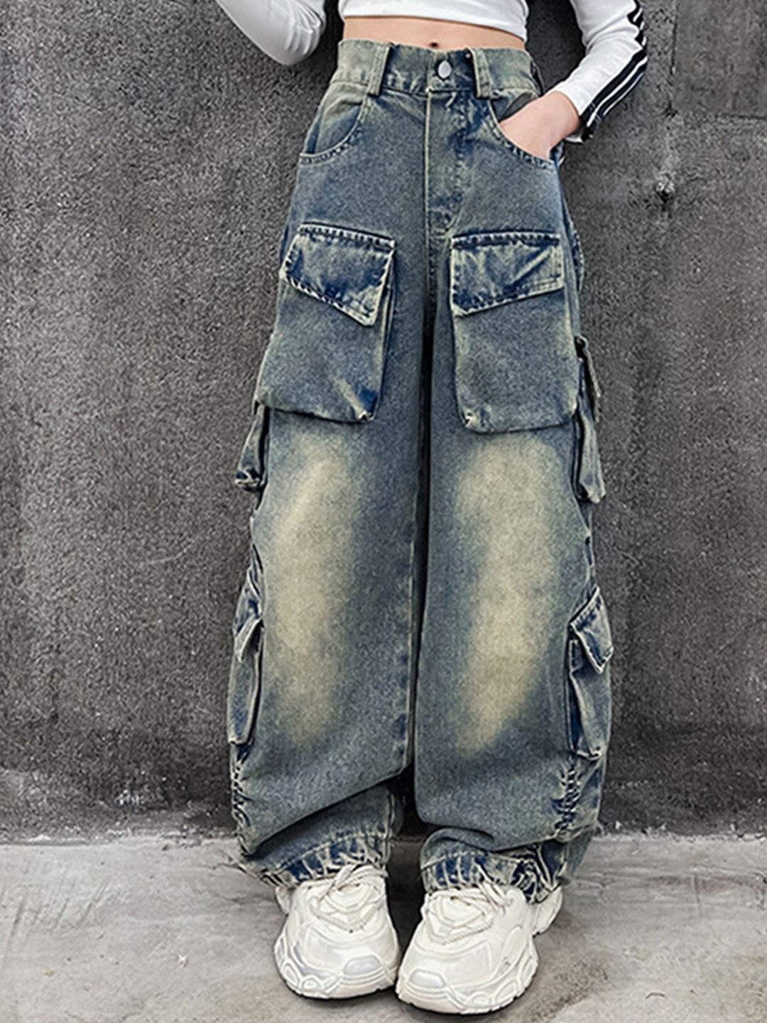 

LULU & SKY Girls Wide Leg Heavy Fade Cargo Styles Jeans, Blue