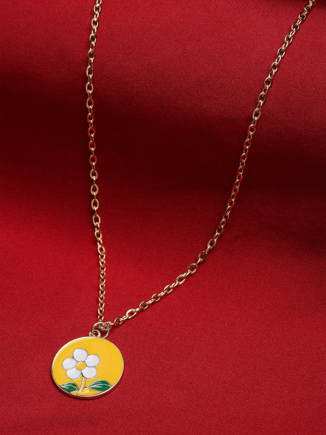 

DressBerry Gold-Plated Circular Floral Enameled Pendant With Chain