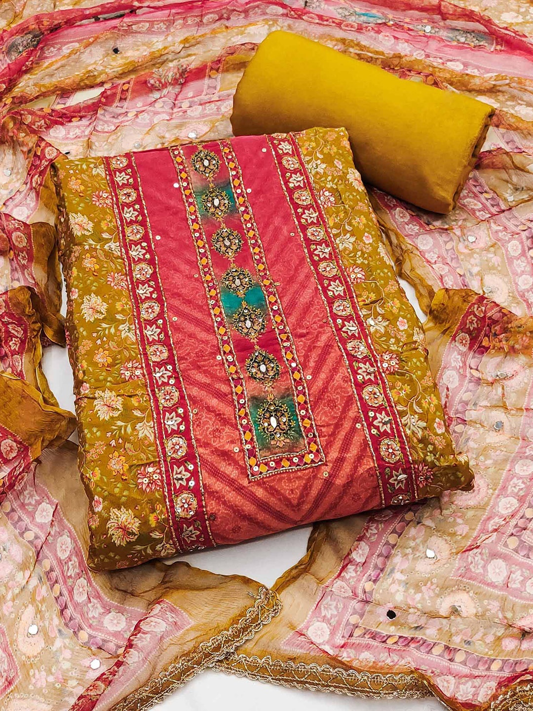 

Peachmode Floral Embroidered Sequinned Unstitched Dress Material, Mustard