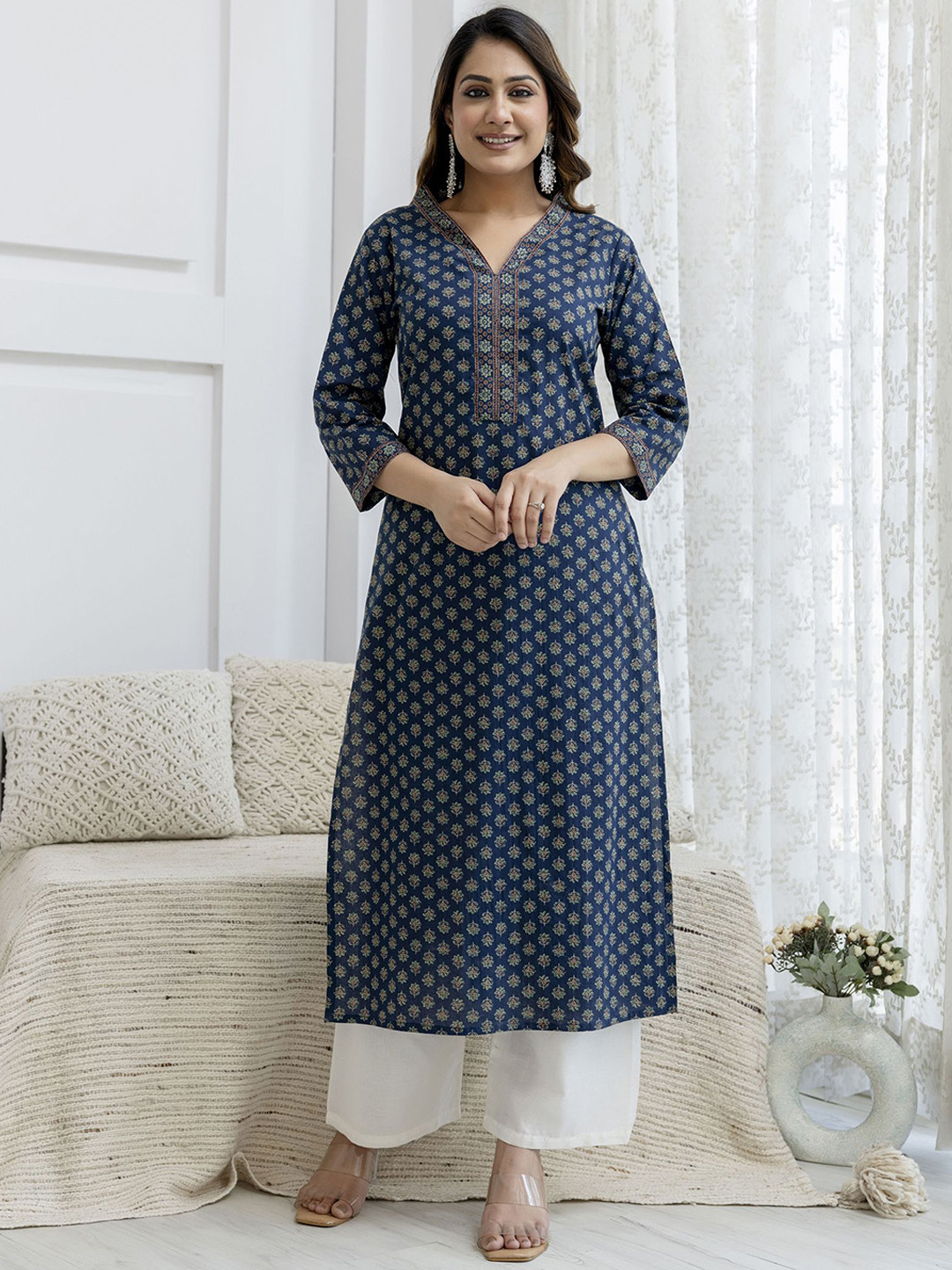 

Nayo Ethnic Motifs Printed Cotton Regular Straight Kurta, Blue