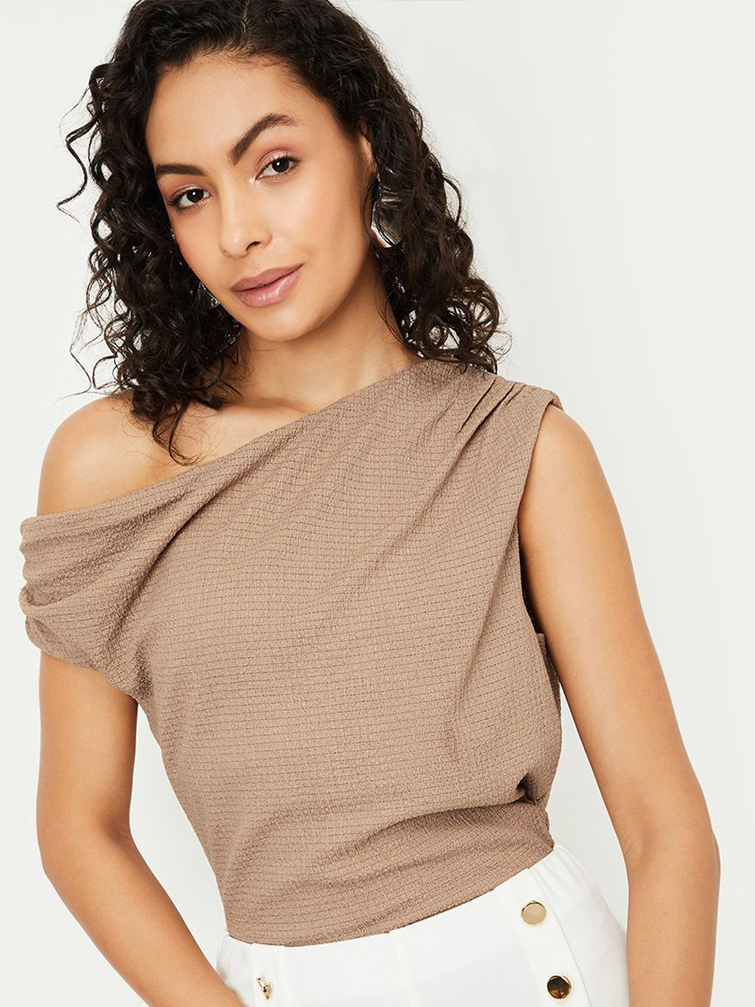 

max Women One Shoulder Extended Sleeves Cotton Top, Beige
