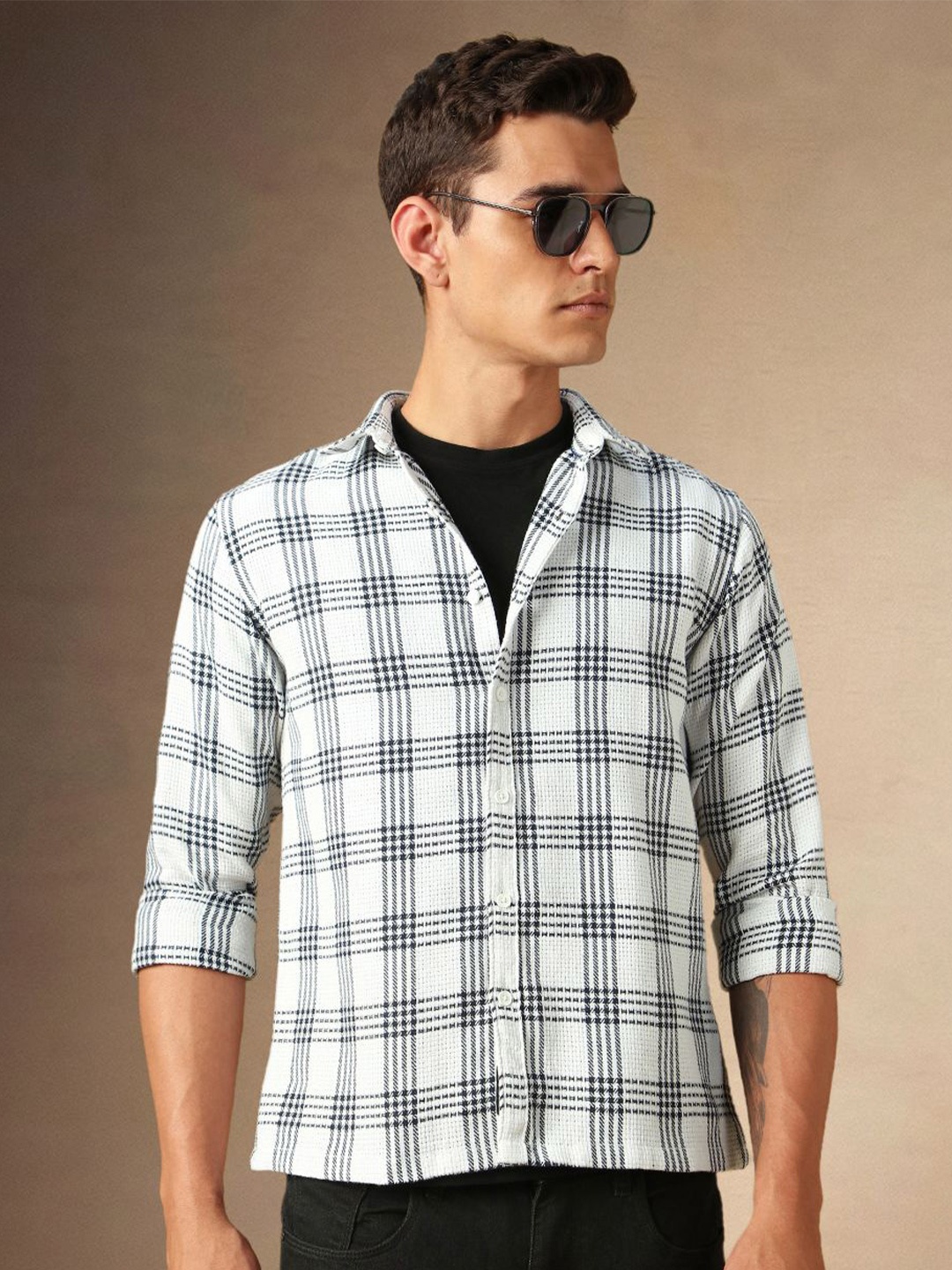 

Dennis Lingo Men Tartan Checks Opaque Checked Casual Shirt, White