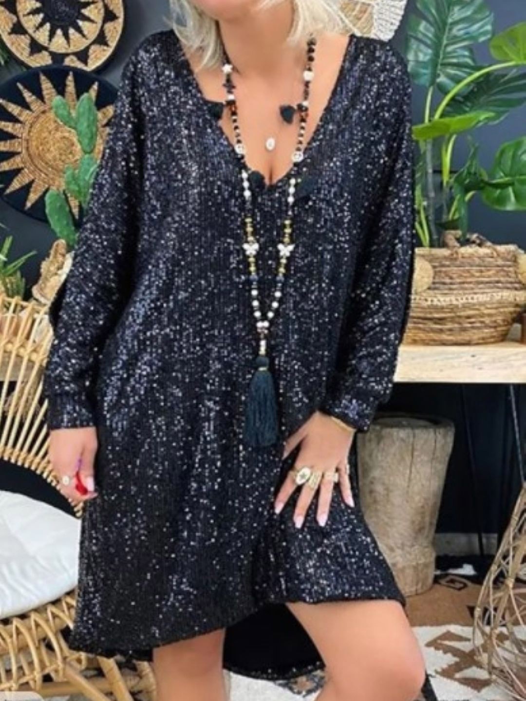 

HERE&NOW Women Embellished V-Neck A-Line Dress, Black
