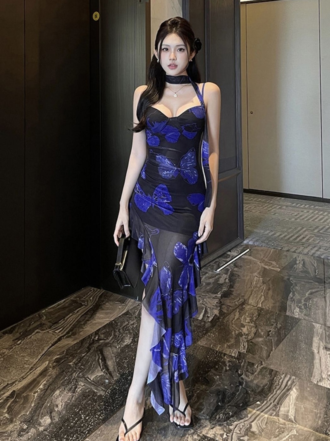 

KPOP Women Floral Printed Fit and Flare Dress, Navy blue
