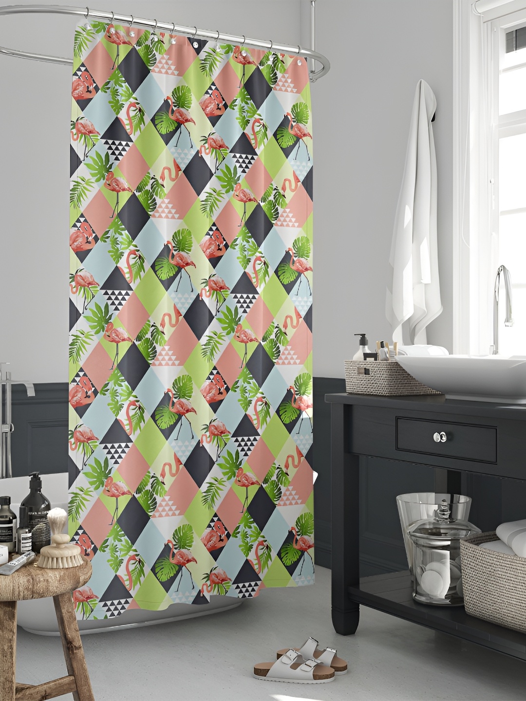 

ArtzFolio Green & Peach Coloured Floral Printed Waterproof Shower Curtain