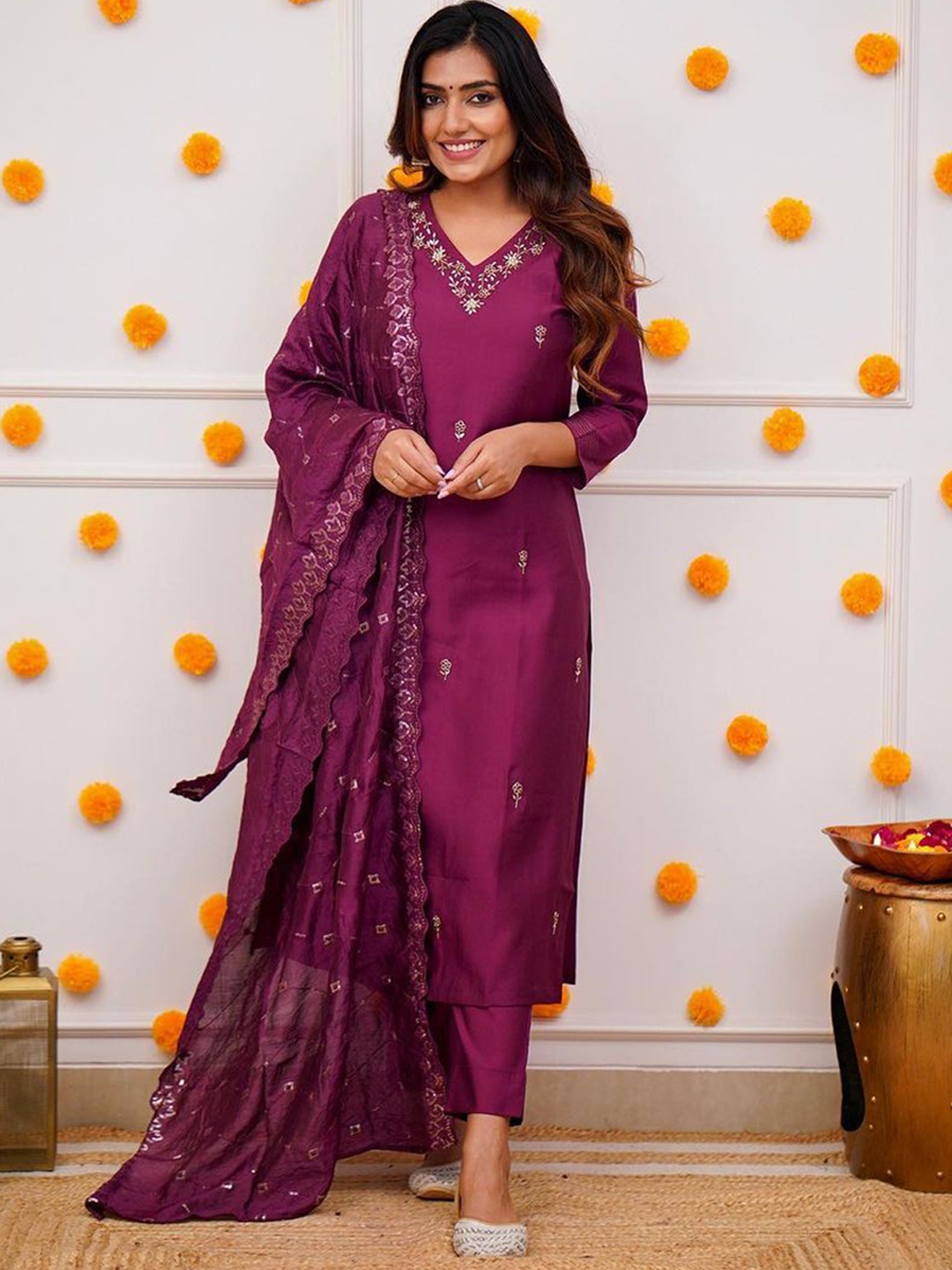 

KALINI V-Neck Floral Embroidered Thread Work Chanderi Silk Kurta with Trouser & Dupatta, Purple