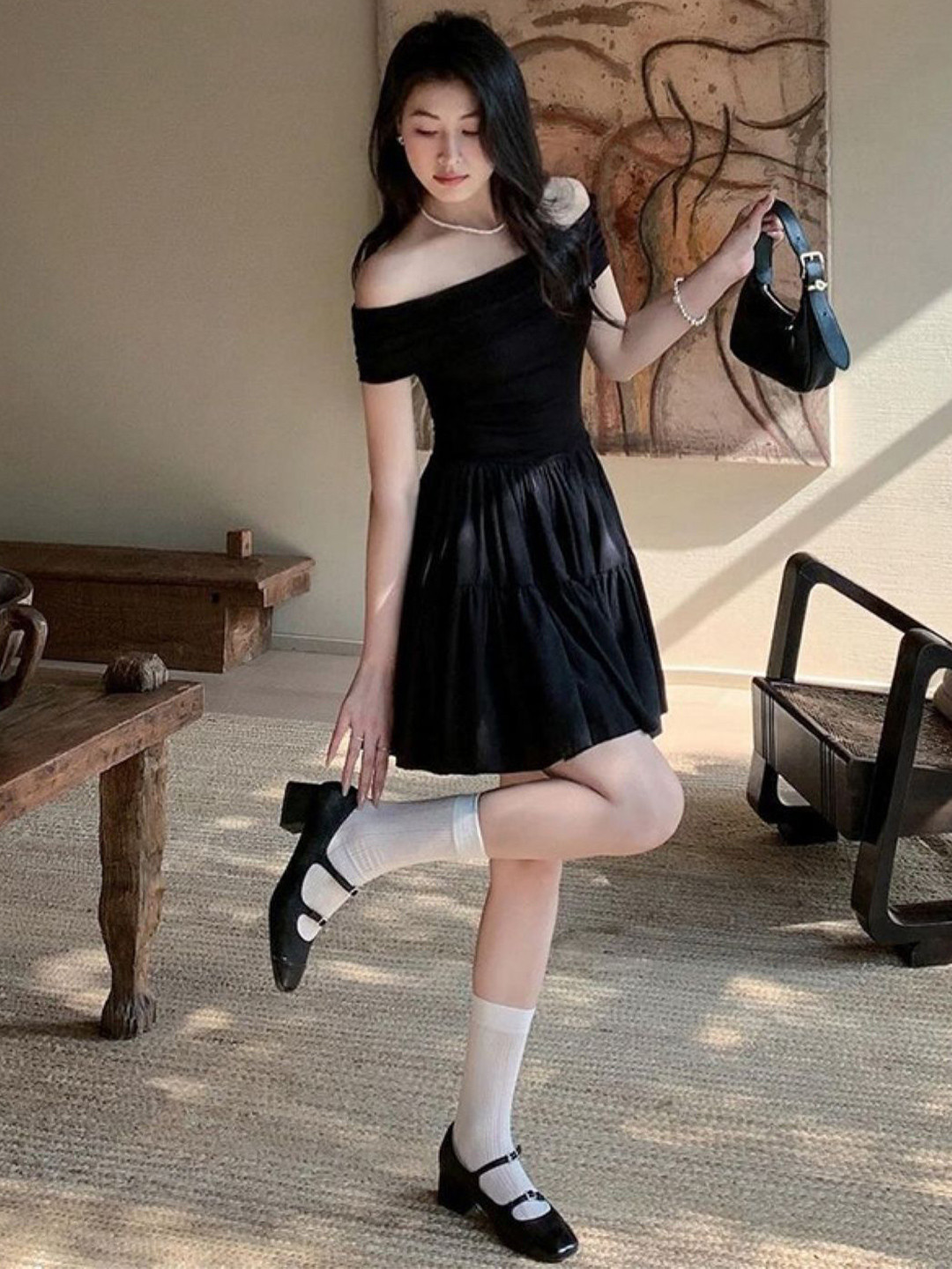 

KPOP Off-Shoulder A-Line Dress, Black