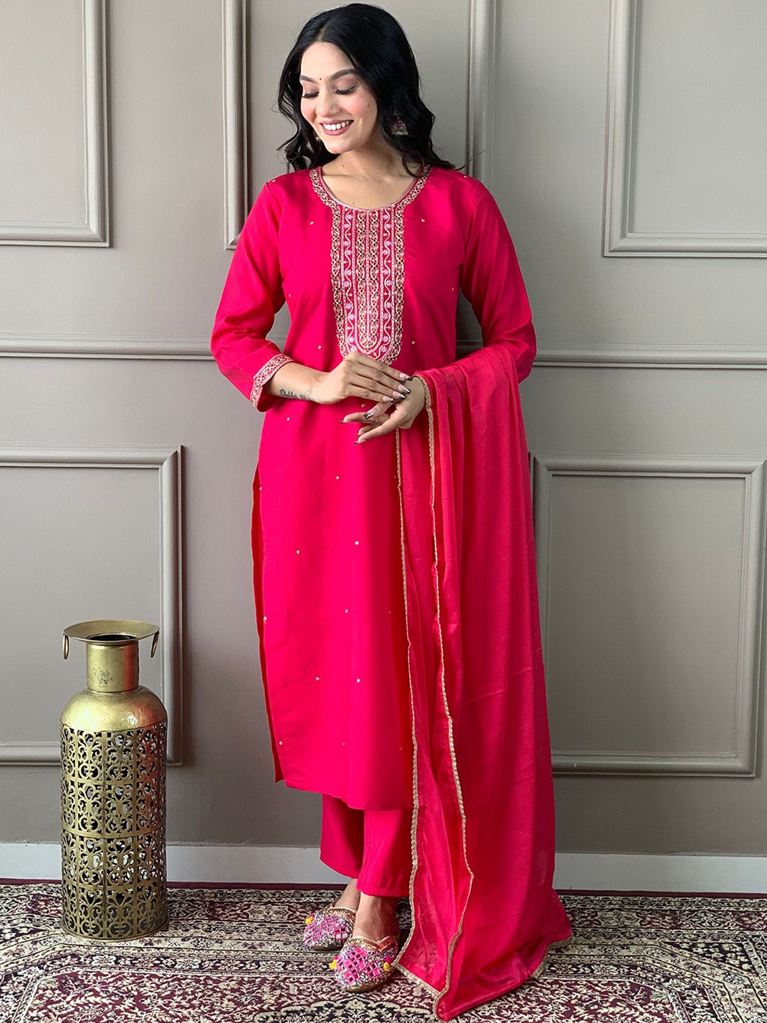 

KALINI Floral Embroidered Jacquard Chanderi Silk Straight Kurta With Trouser & Dupatta, Pink