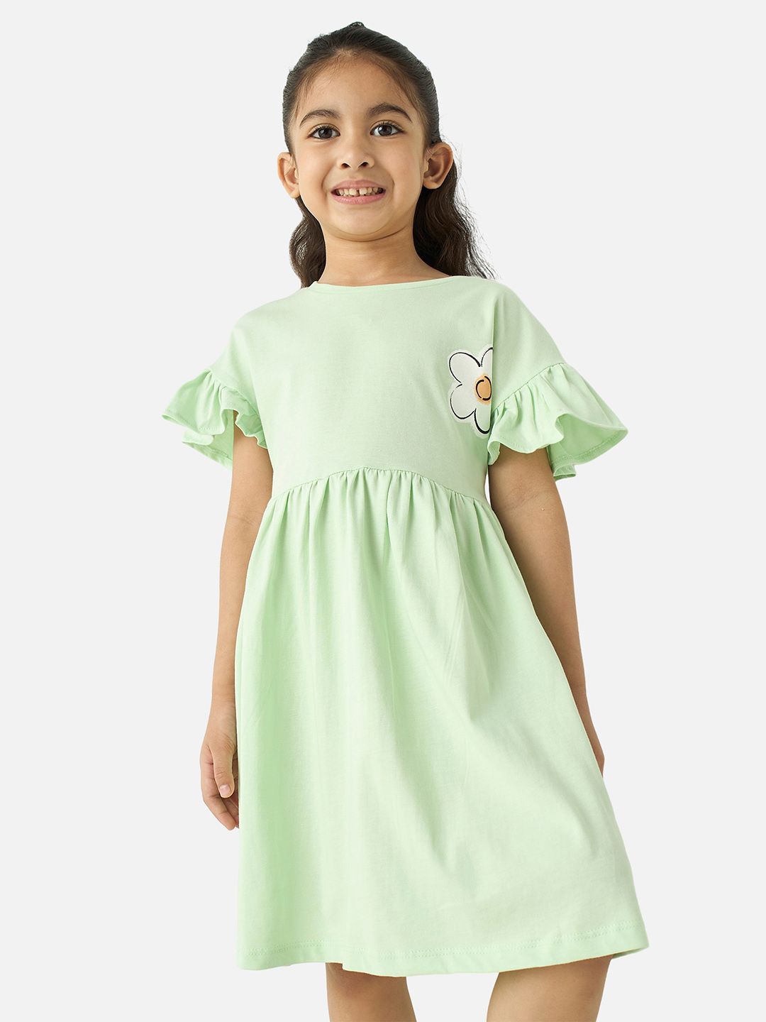 

Juniors by Babyshop Girls Printed Round Neck Flutter Sleeve Fit & Flare Dress, Green