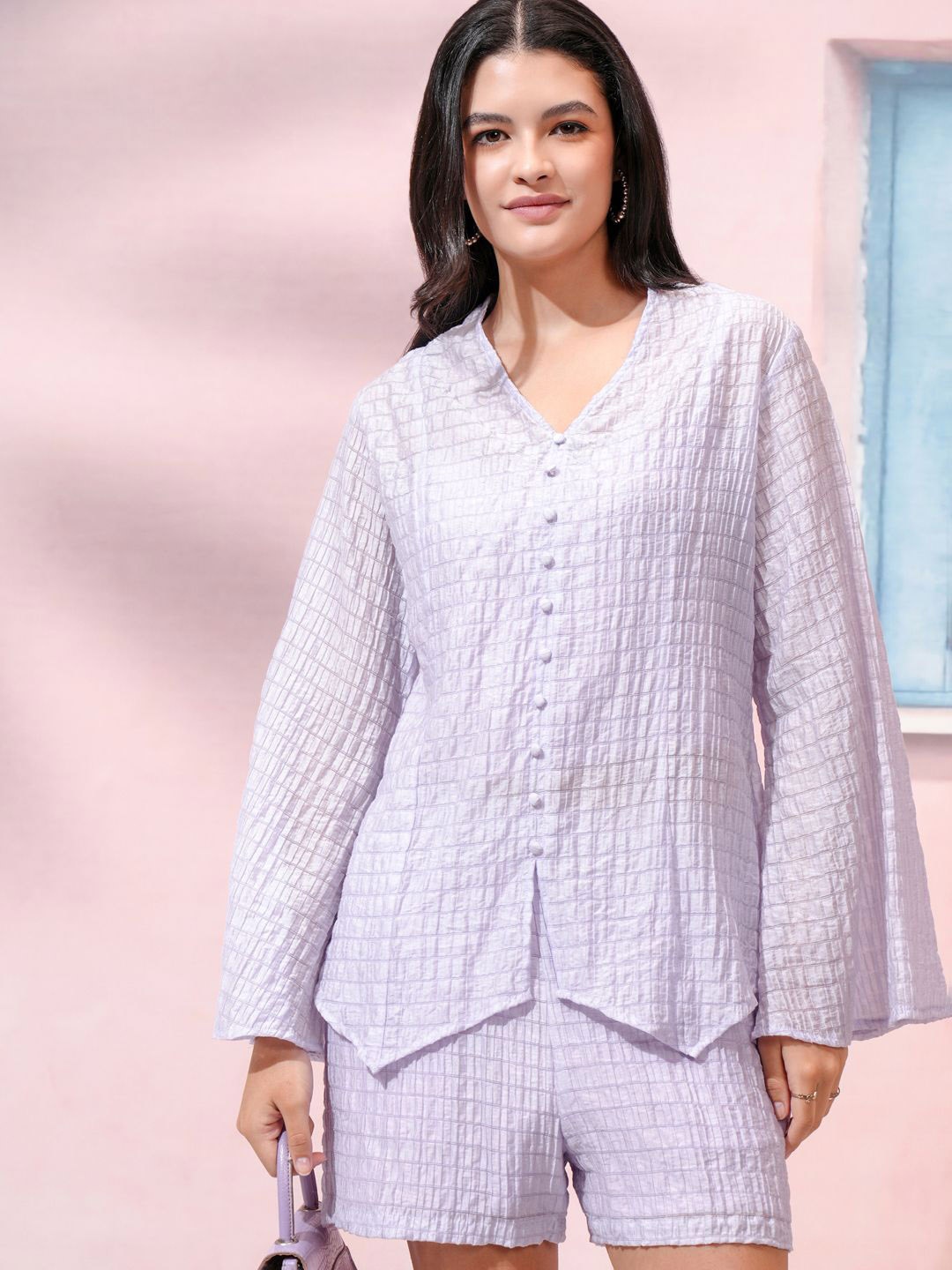 

Tokyo Talkies Lavender Self Design V-Neck Long Sleeve Top With Shorts