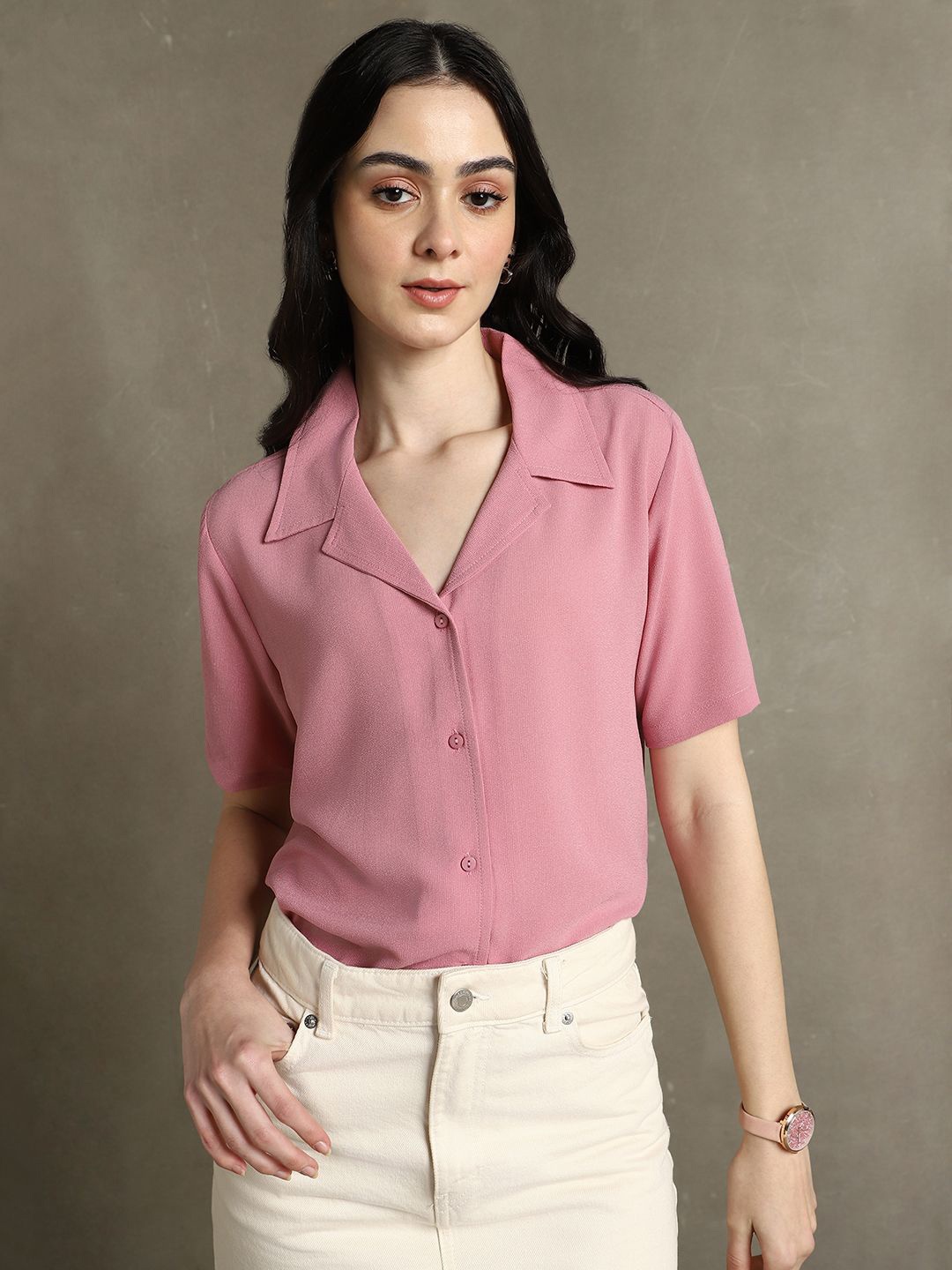 

DL Woman Cuban Collar Solid Relaxed Fit Casual Shirt, Pink