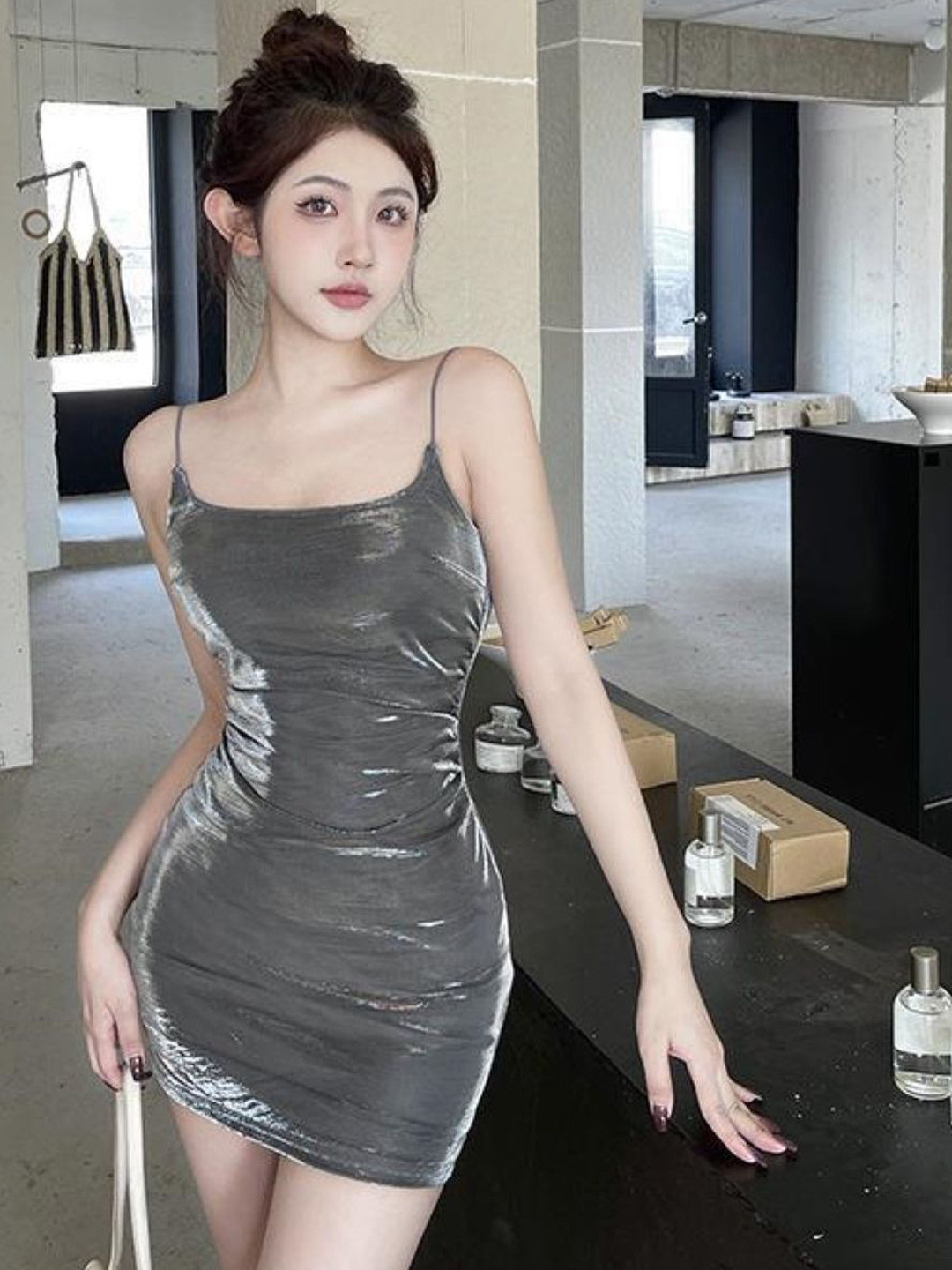 

KPOP Women Shoulder Straps Bodycon Dress, Silver