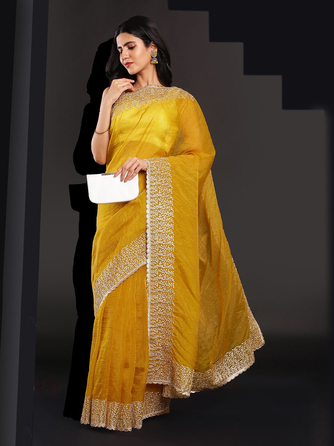 

Kalyan Silks Embroidered Sequinned Organza Jamdani Saree, Mustard