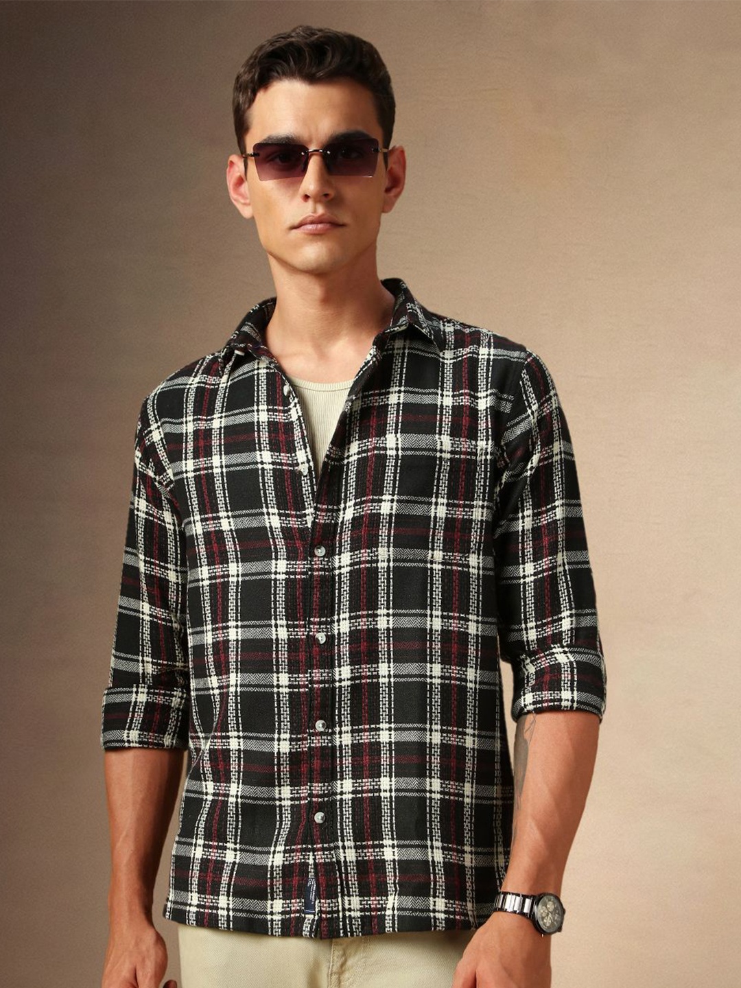 

Dennis Lingo Men Tartan Checks Opaque Checked Casual Shirt, Black