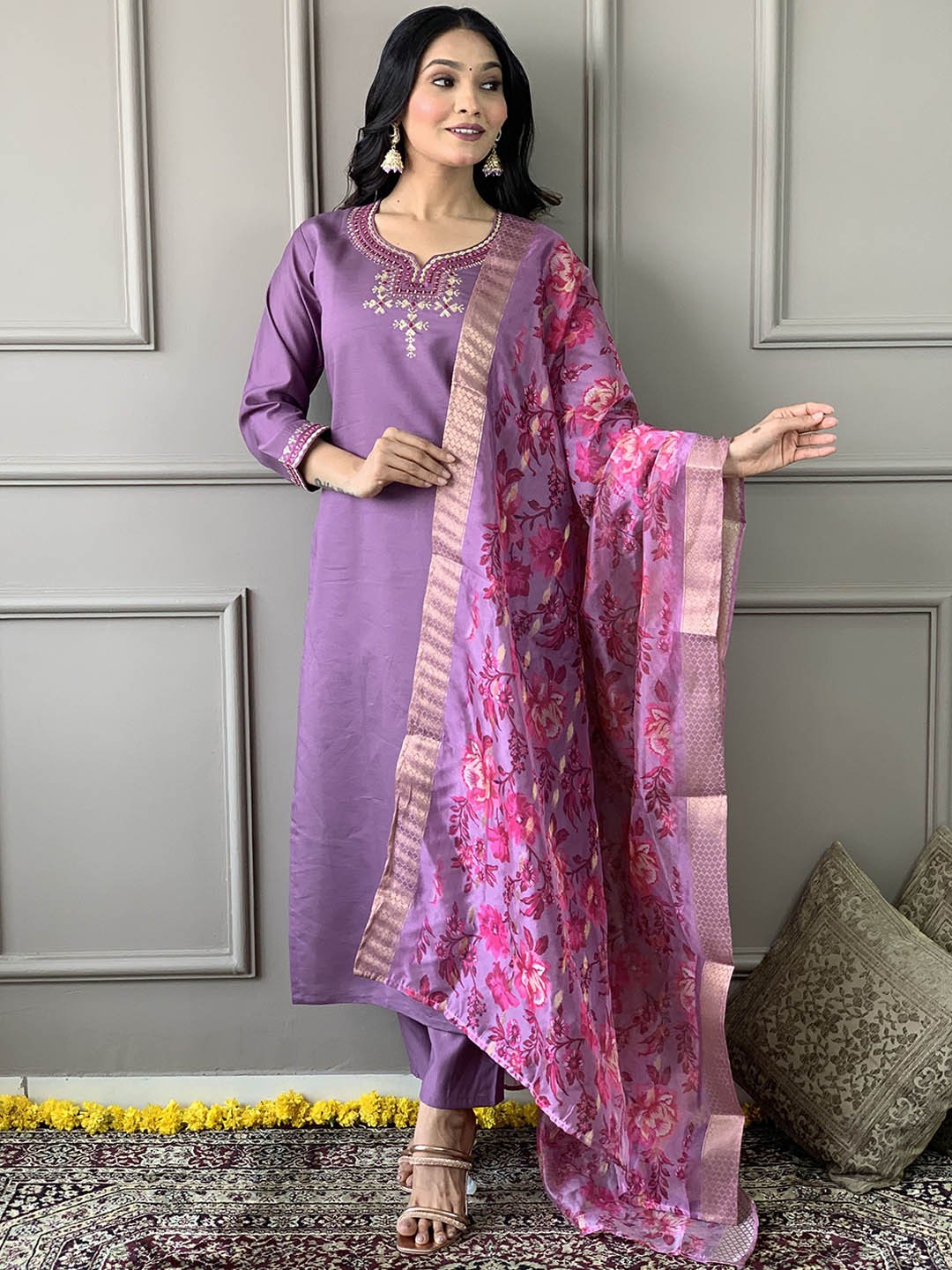 

KALINI Floral Embroidered Sequinned Chanderi Silk Straight Kurta & Trouser & Dupatta, Purple
