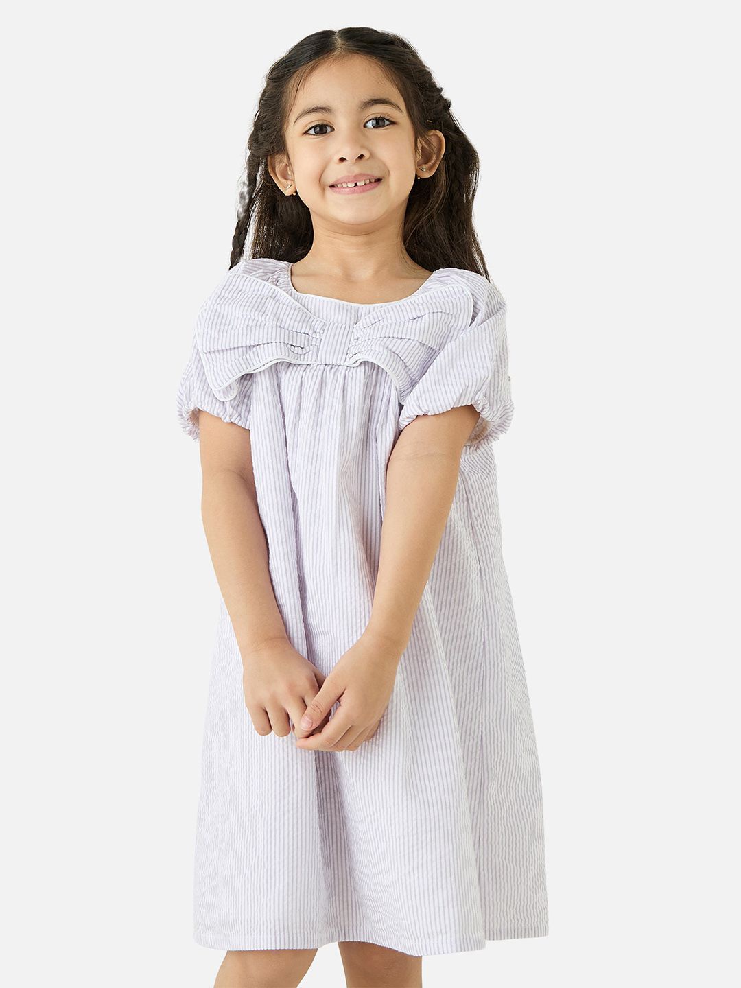 

Juniors by Babyshop Girls Cotton Striped A-Line Dress With Bow, Purple