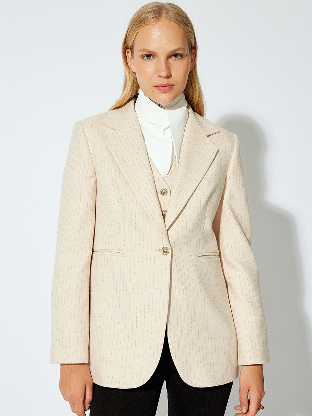 

Koton Striped Notched Lapel Collar Single-Breasted Blazer, Beige