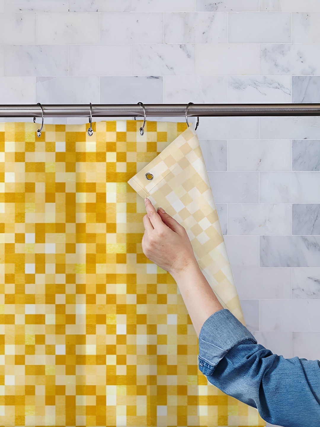 

ArtzFolio Yellow & White Printed Waterproof Shower Curtain