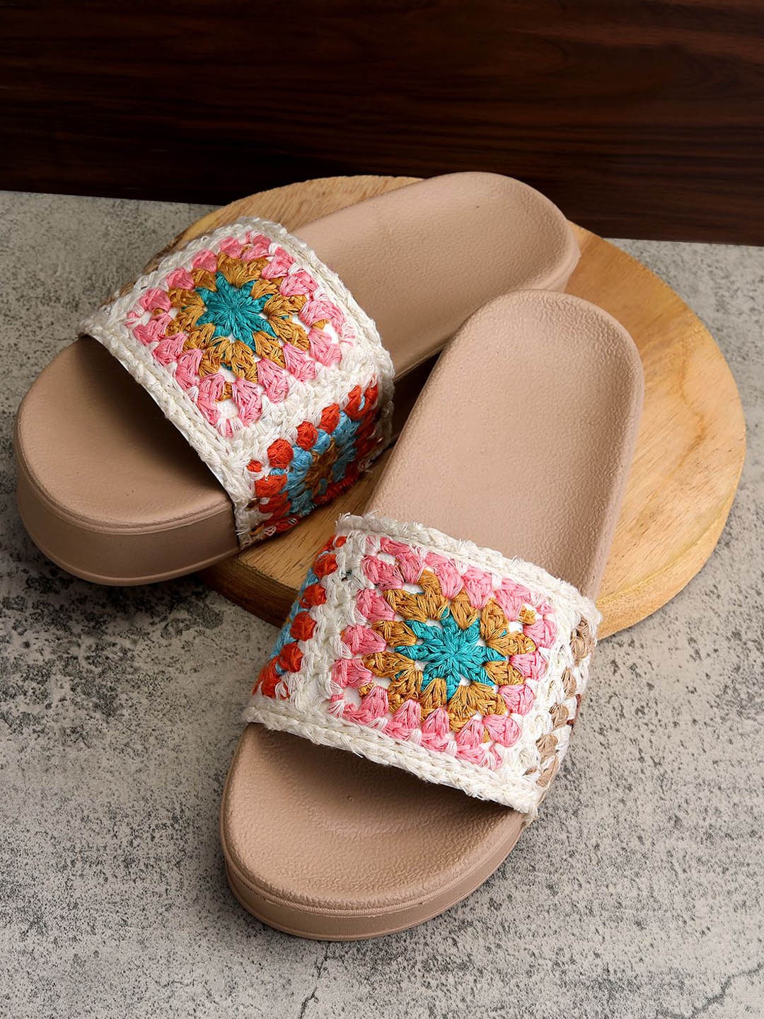 

Zyla Women Woven Design Flatform Heel Sandals, Cream