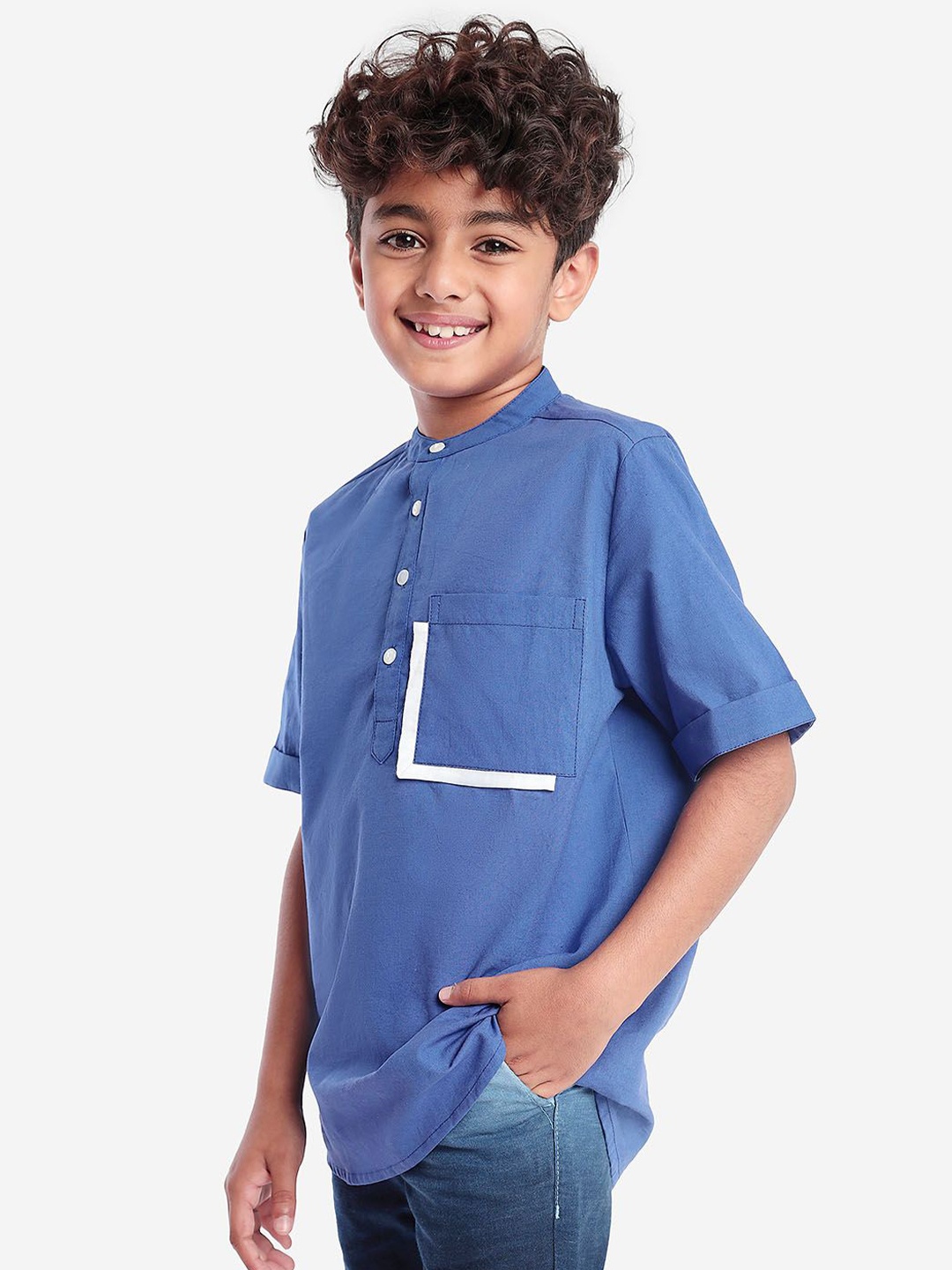 

BONKIDS Boys Band Collar Solid Cotton Casual Shirt, Blue