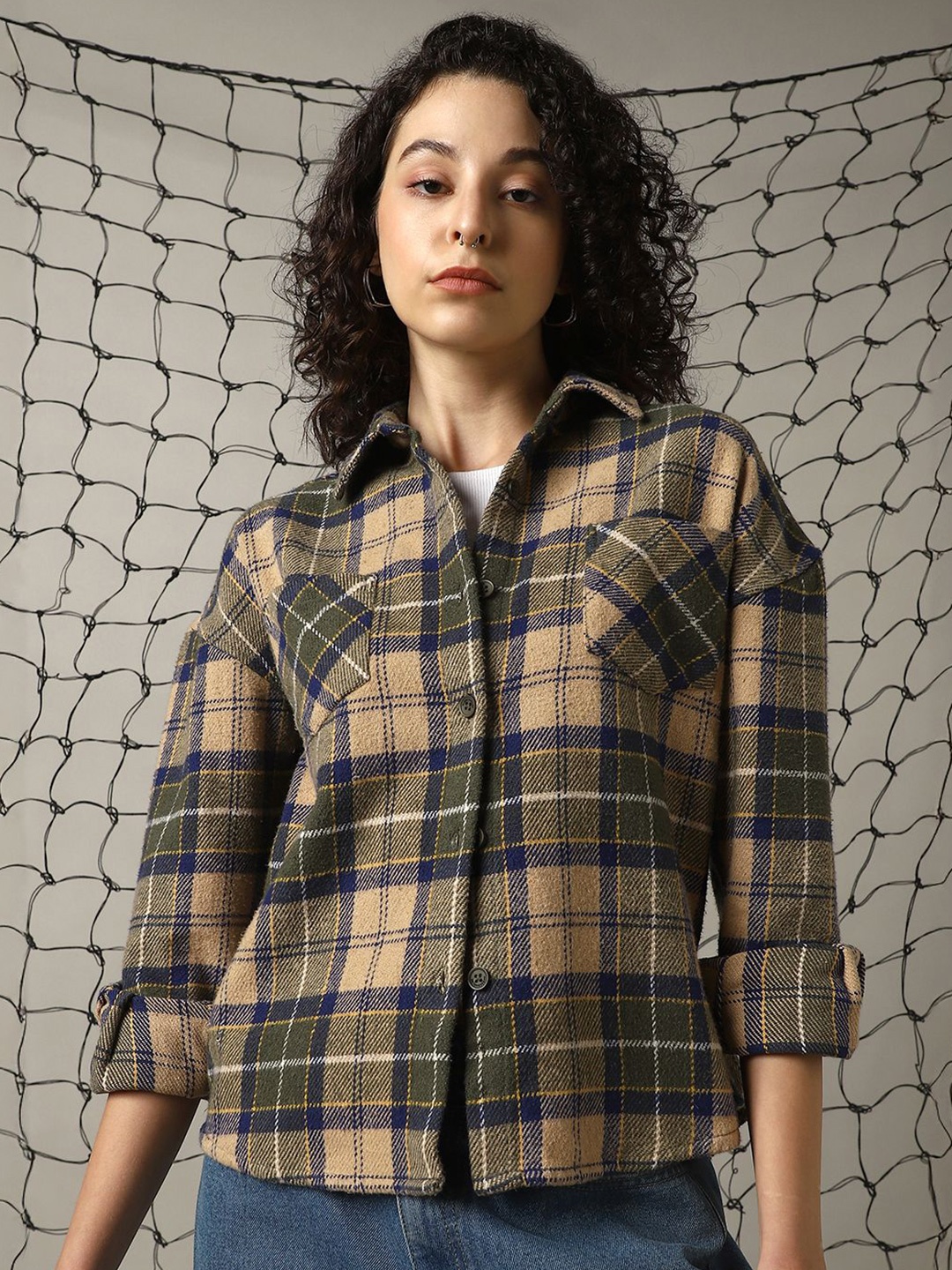 

Hubberholme Women Spread Collar Tartan Checked Cotton Boxy Fit Casual Shacket Shirt, Brown