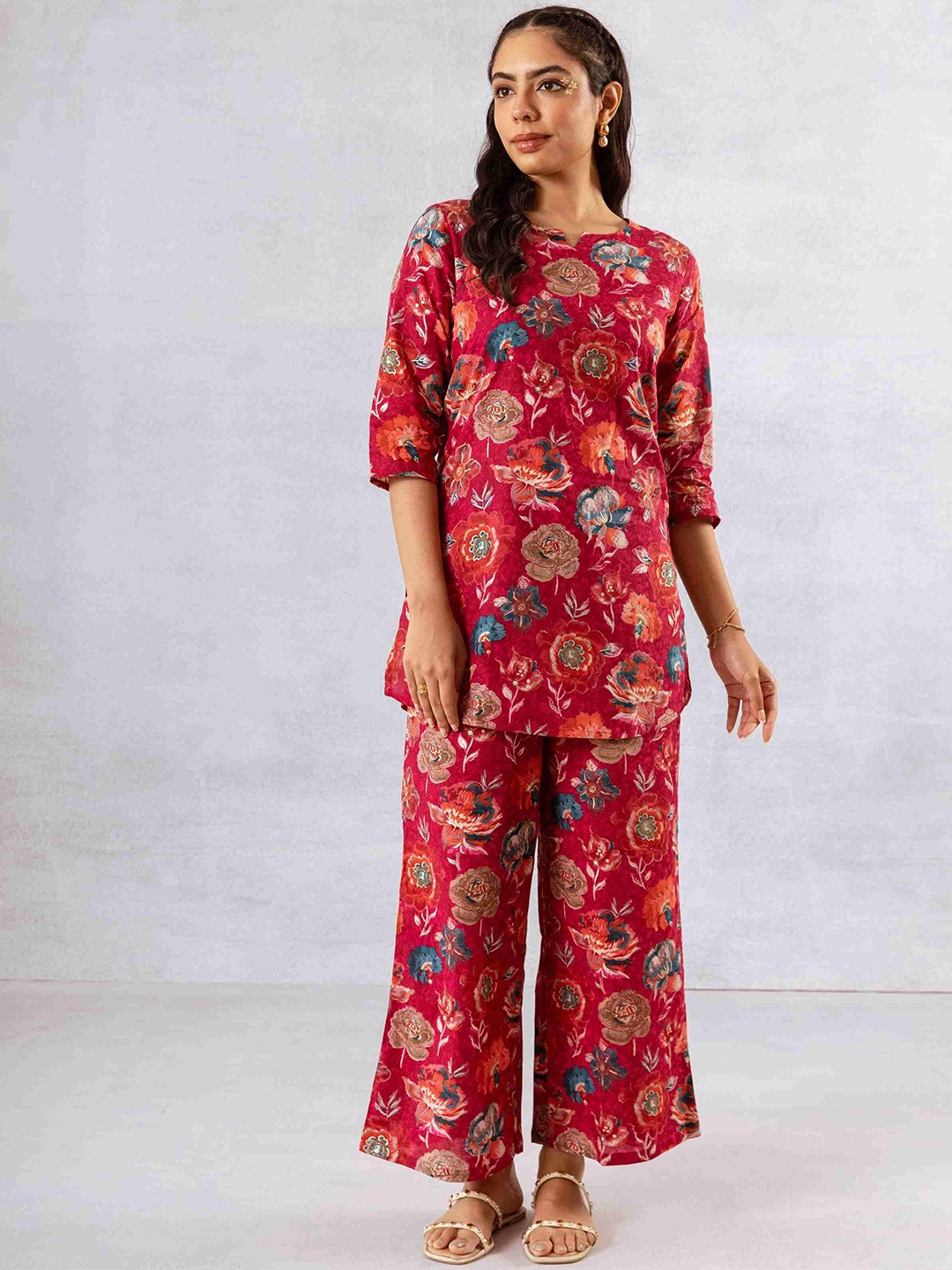 

HUKUM Floral Printed Pure Cotton Tunic With Palazzo, Red