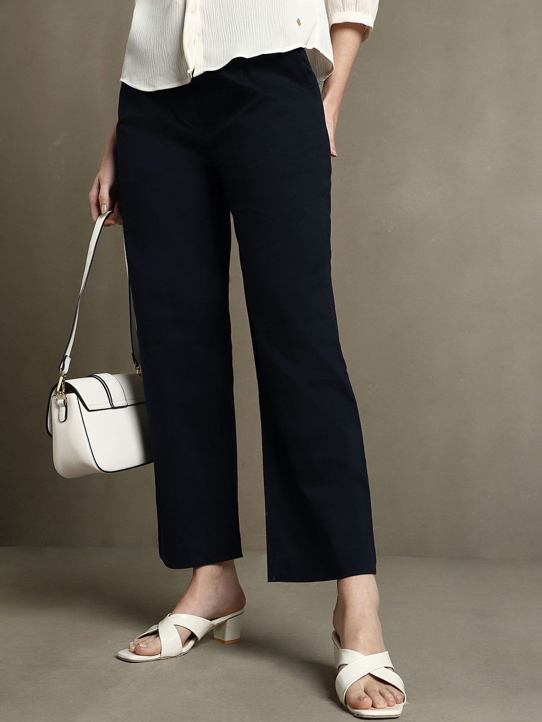 

DL Woman Cotton Mid-Rise Straight Fit Formal Trousers, Navy blue