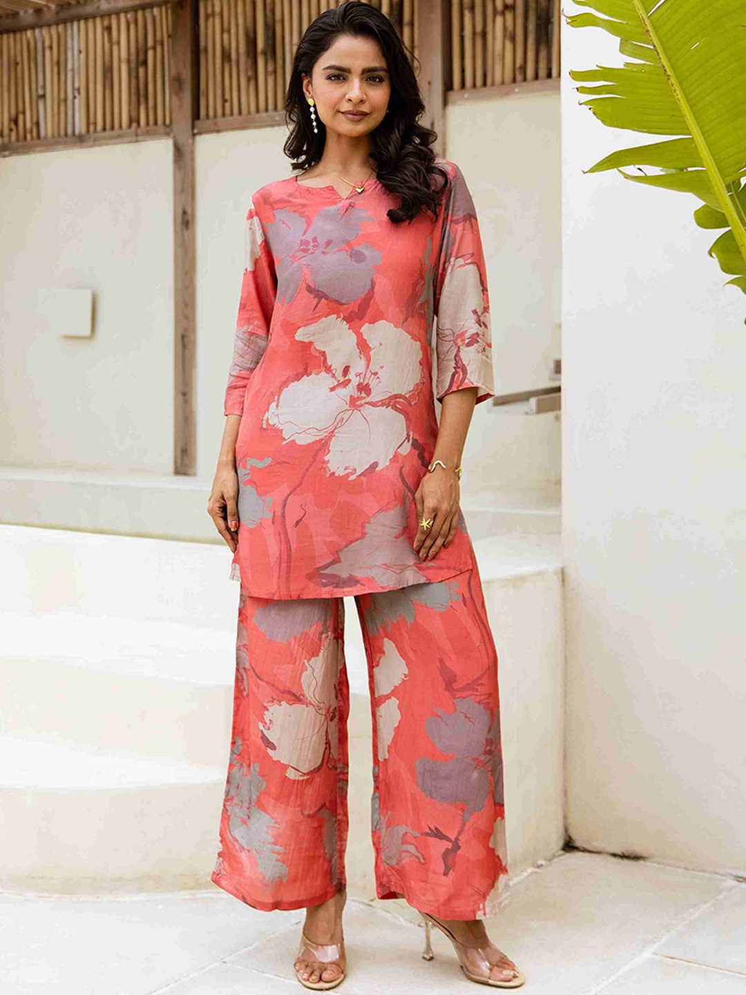 

HUKUM Floral Printed Pure Silk Tunic With Trouser, Pink
