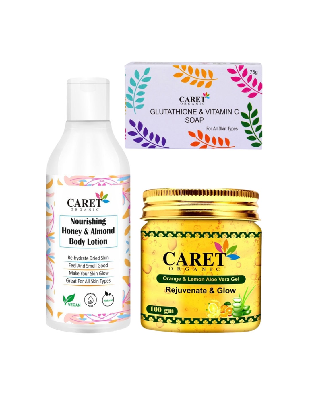 

CARET ORGANIC Set of 3 Body Lotion, Vitamin C Soap & Lemon Aloevera Gel, White