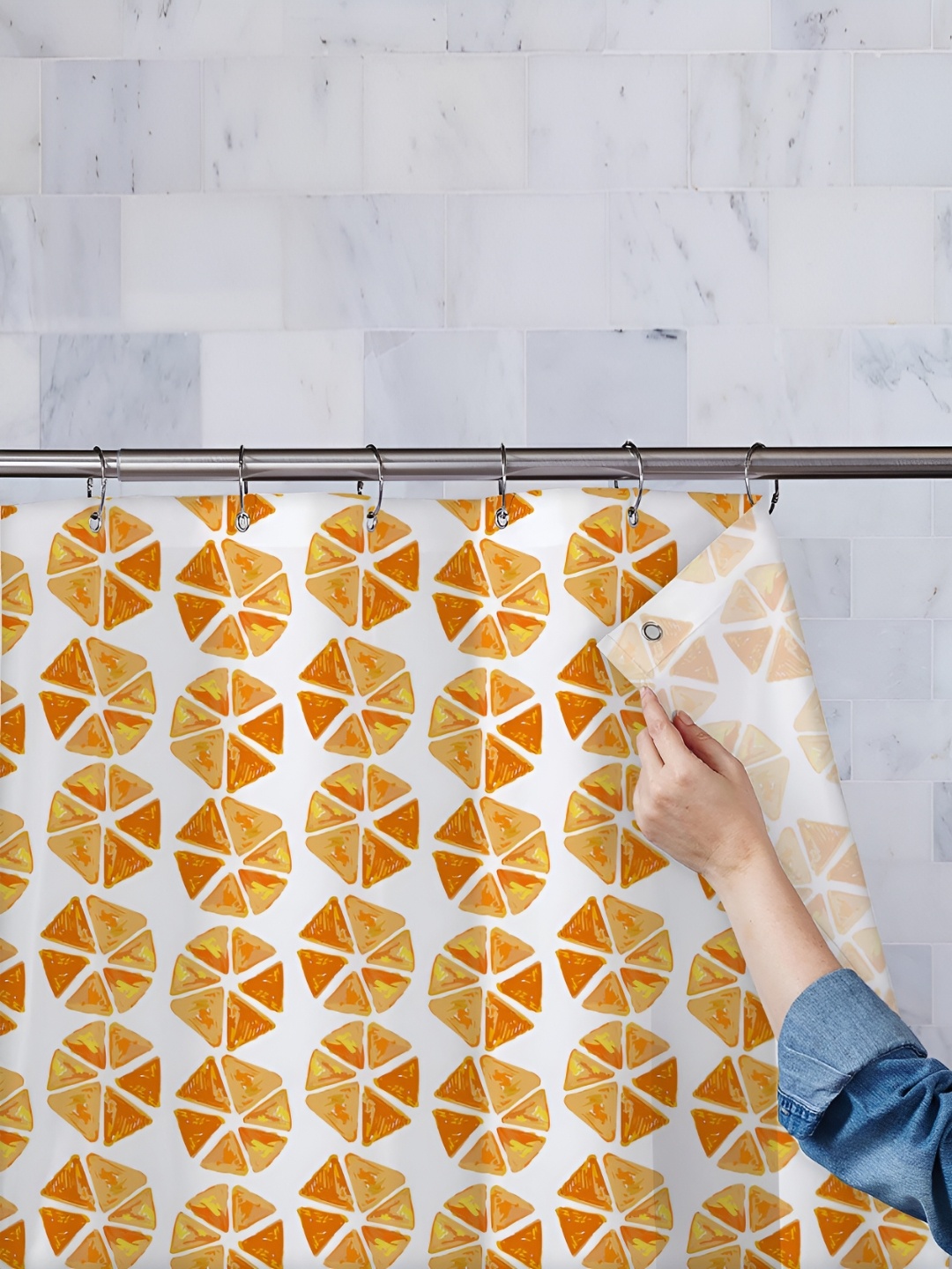 

ArtzFolio White & Orange Printed Waterproof Shower Curtains