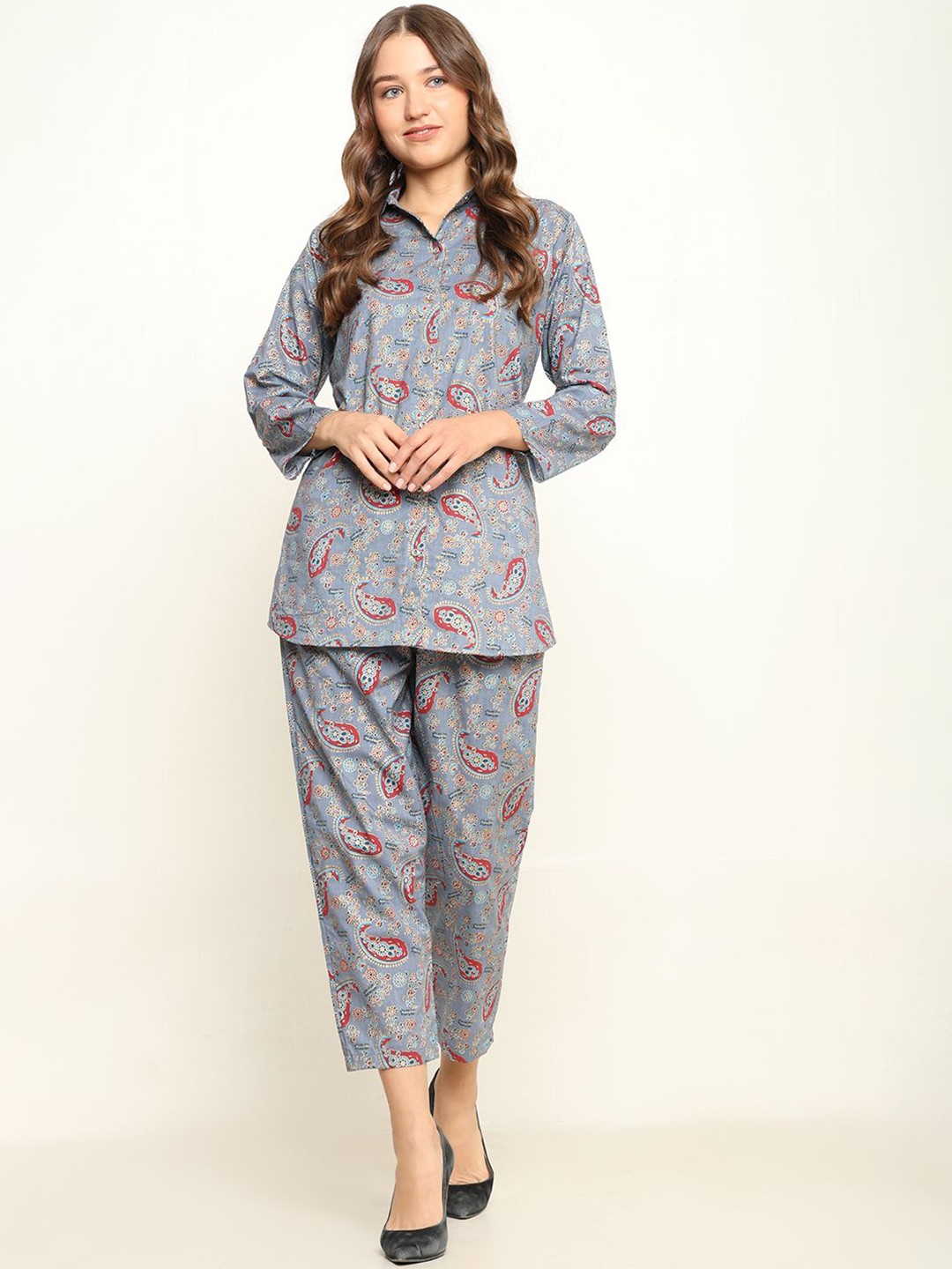 

CRAFTBAZAR Printed Pure Cotton Top With Trousers Co-Ords, Grey
