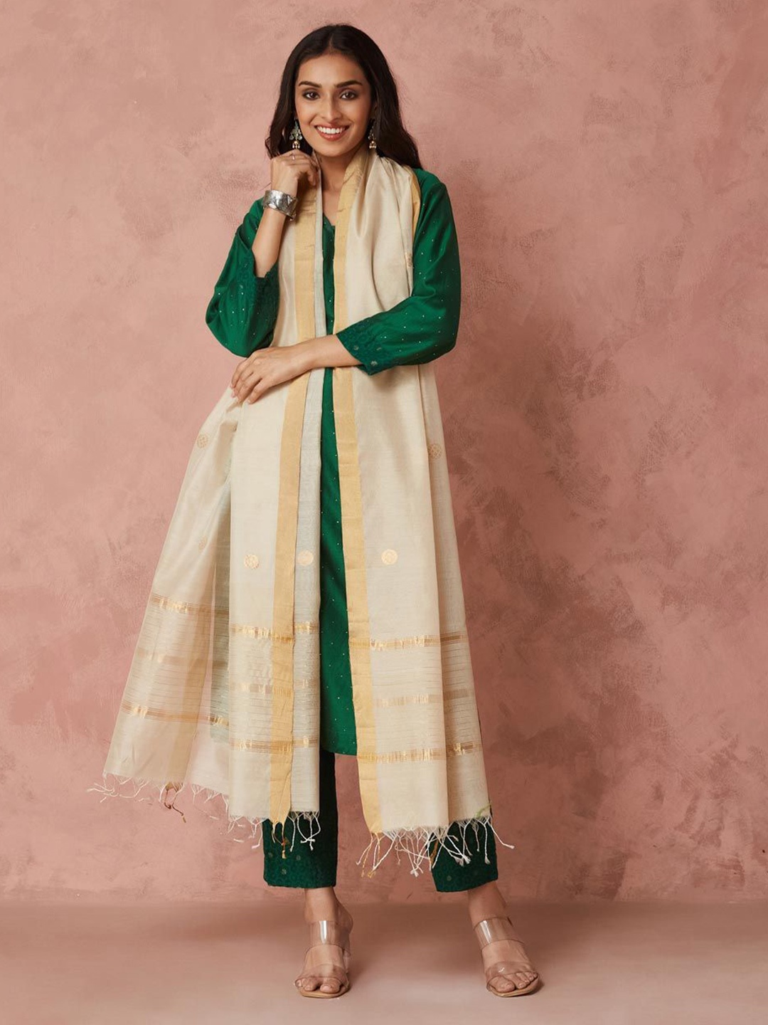 

Fabindia Ethnic Motifs Woven Design Dupatta With Zari, Beige