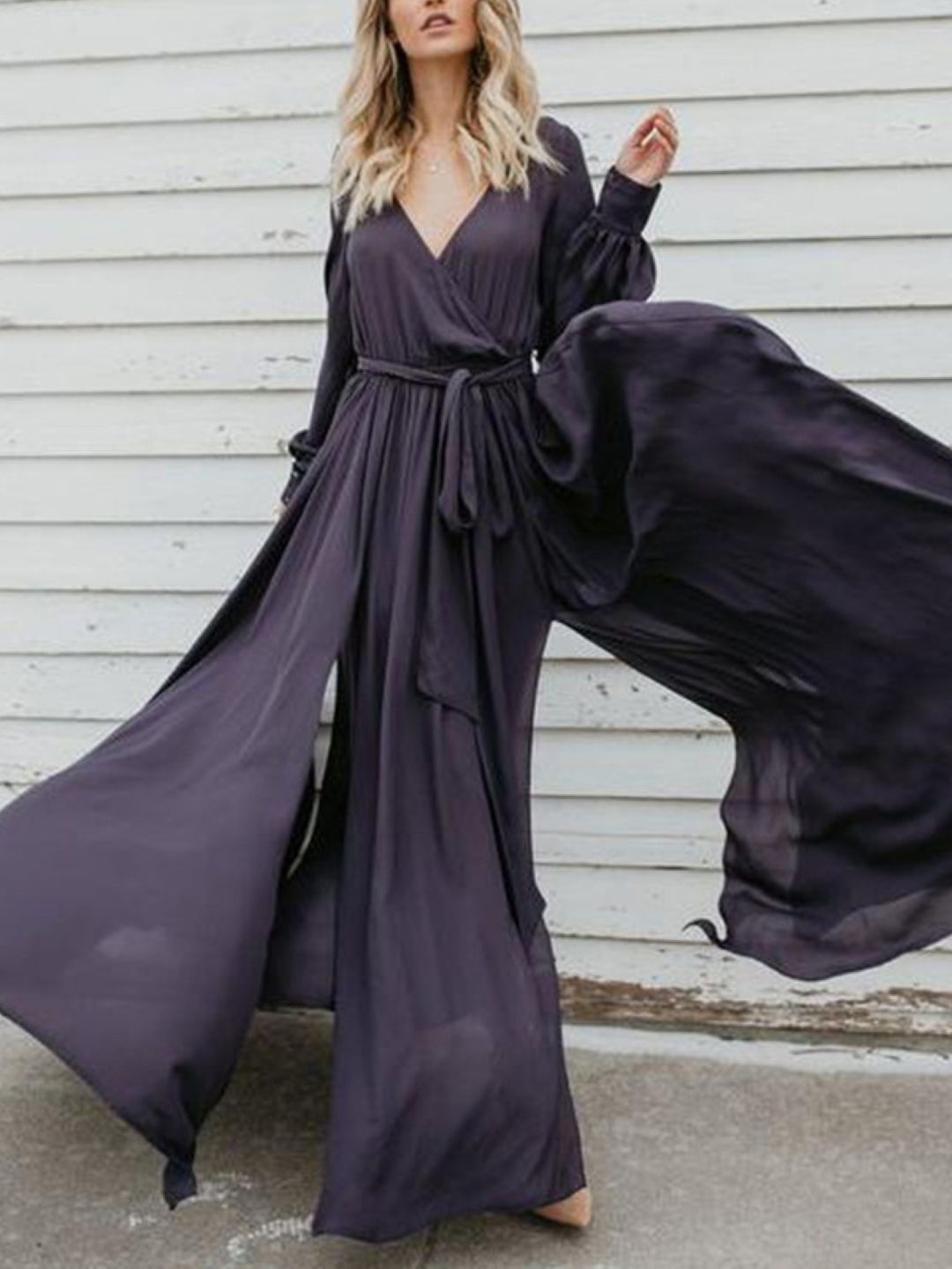 

HERE&NOW Women V-Neck Puff Sleeve Maxi Dress, Purple