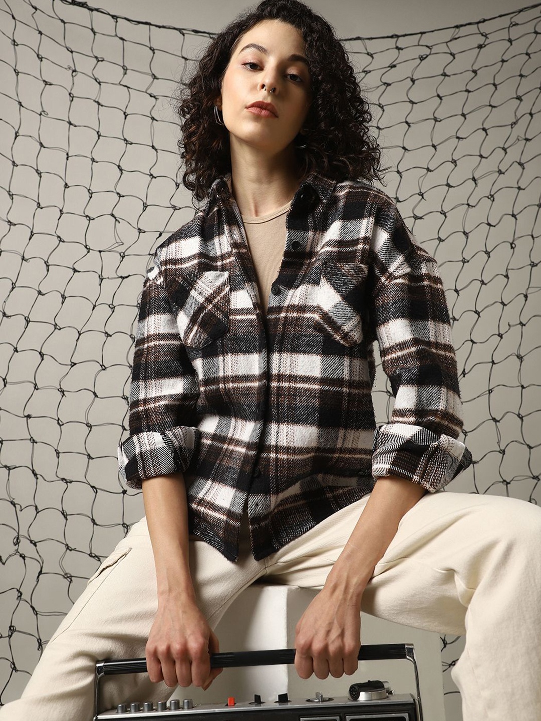 

Hubberholme Women Spread Collar Tartan Checked Cotton Boxy Fit Casual Shacket Shirt, Black