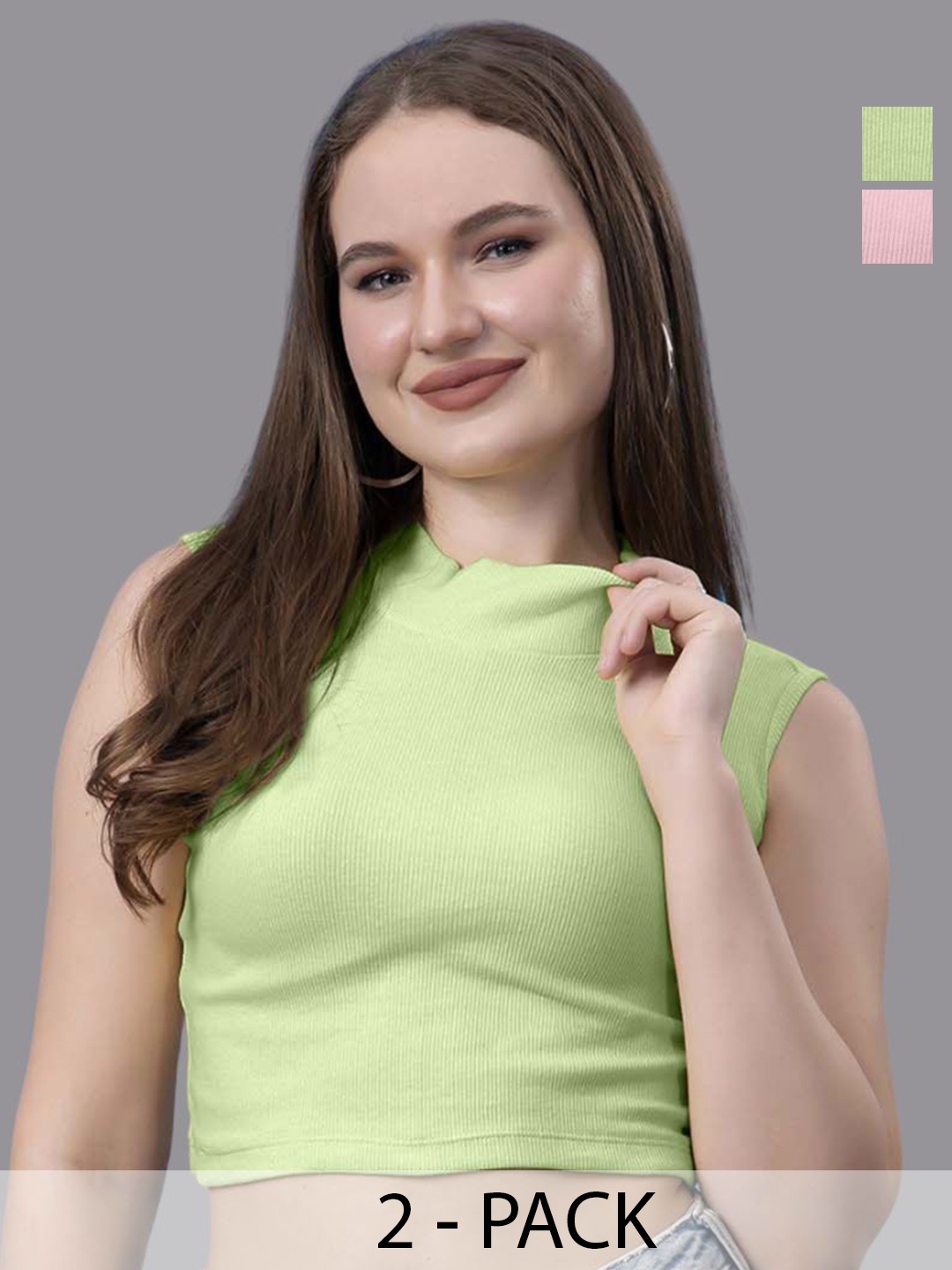 

Friskers Pack Of 2 Women Cotton Sleeveless High Neck Crop Top, Coral