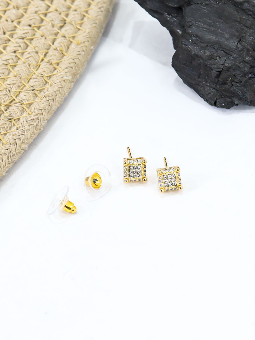 

KRENOZ Gold Plated CZ Studded Square Studs Earrings