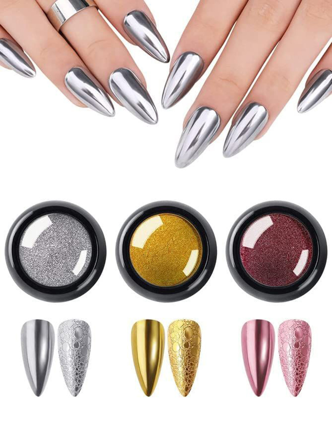 

Scheibe Set Of 3 Multicolor Nail Chrome Powder, Silver