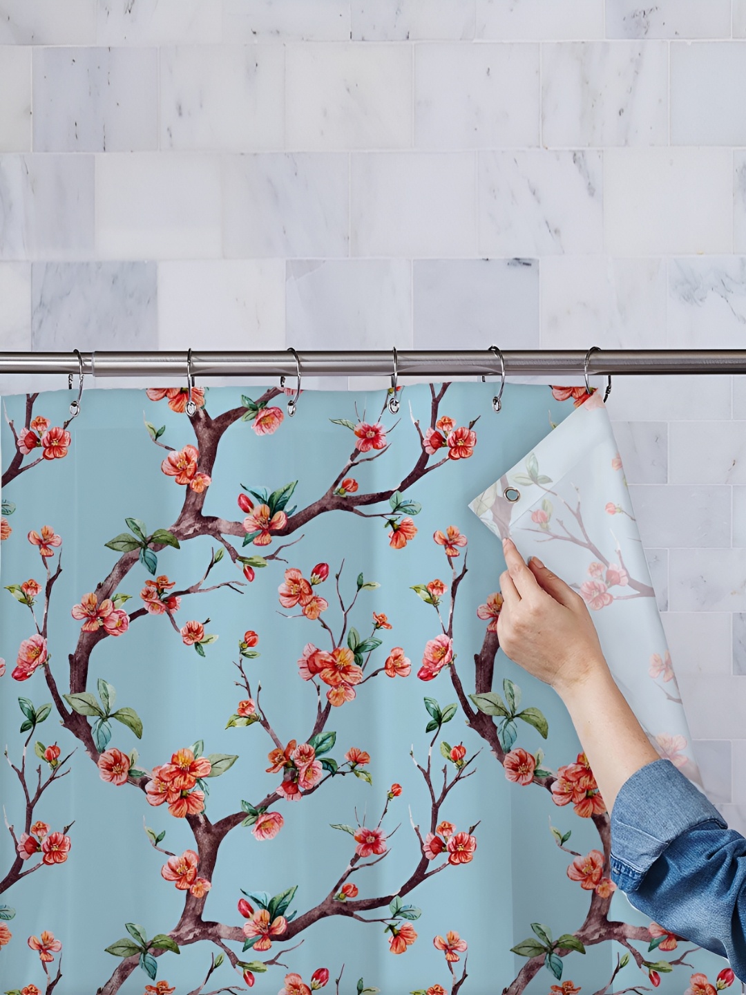 

ArtzFolio Blue and Red Floral Printed Waterproof Shower Curtain