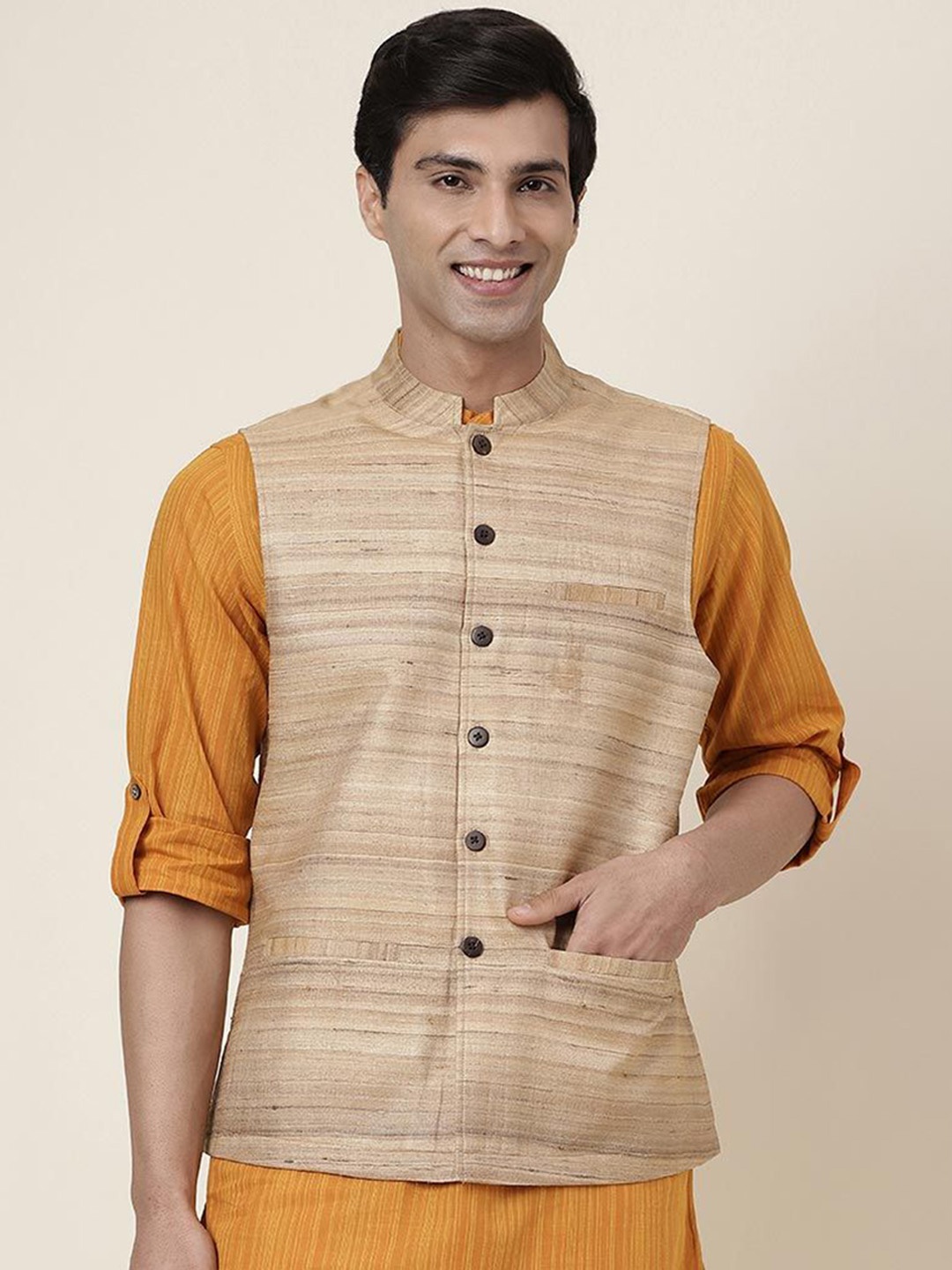 

Fabindia Men Woven Design Nehru Jacket, Beige
